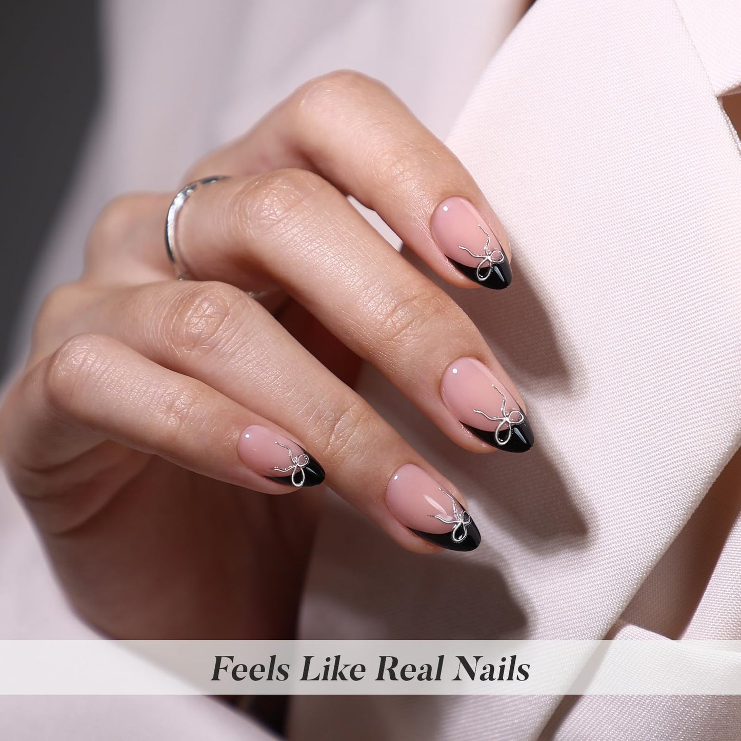SHANGMENG Black French Tip Press on Nails Short with 3D Bow Design - Soft Gel Almond Fake Nails for Women Gift, Natural Stick on Nails with Glue in 16 Sizes - 32 Reusable Nails, Silver Ribbon