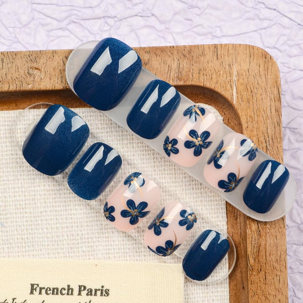 Flower Press on Nails Short Square Fake Nails with Blue Floral Design Glossy Dark Blue Glue on Nails Gold Lines Nails Press ons Reusable Full Cover Spring Summer Acrylic Nails for Women Manicure 24Pcs