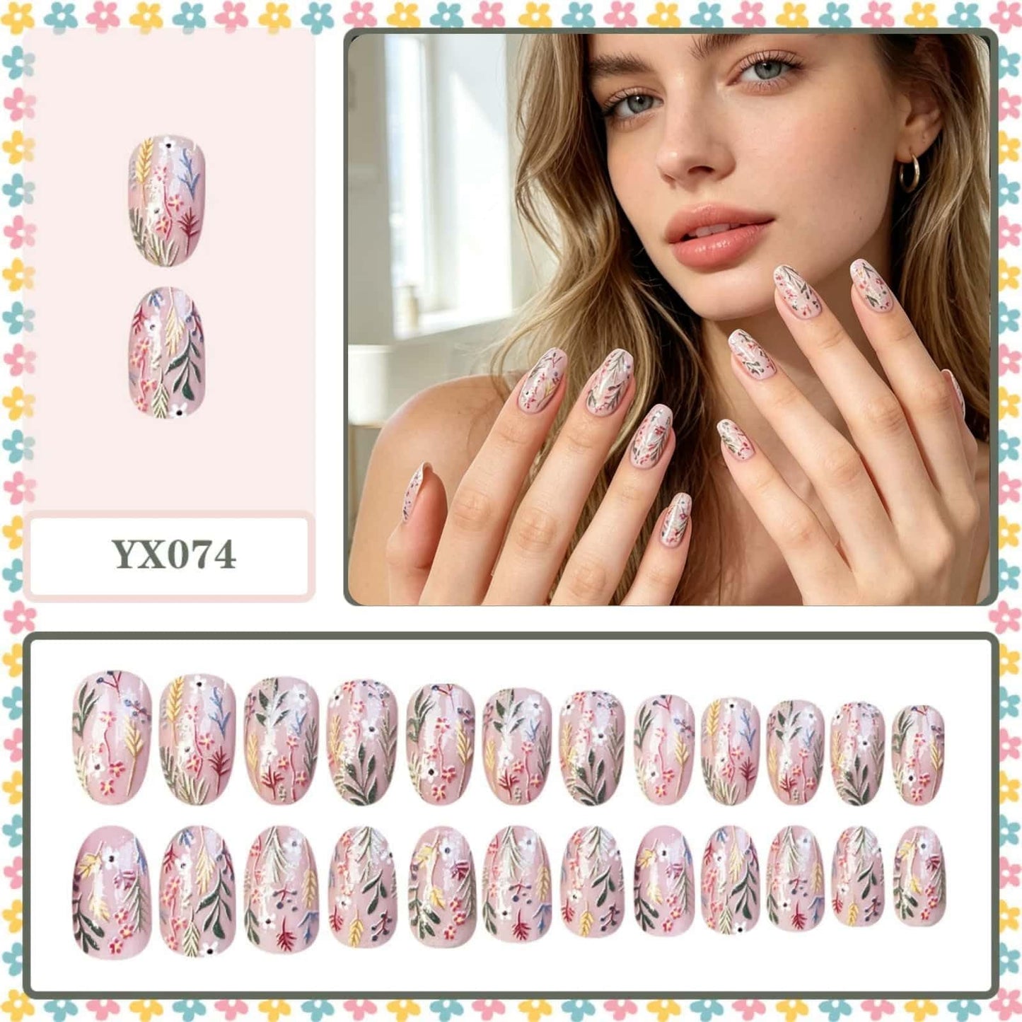 Flower Press on Nails Short Almond Fake Nails with Floral and Leaf Designs Glossy Glue on Nails Spring Summer Nails Press ons Reusable Full Cover Cute Acrylic Nail for Women 24 Pcs