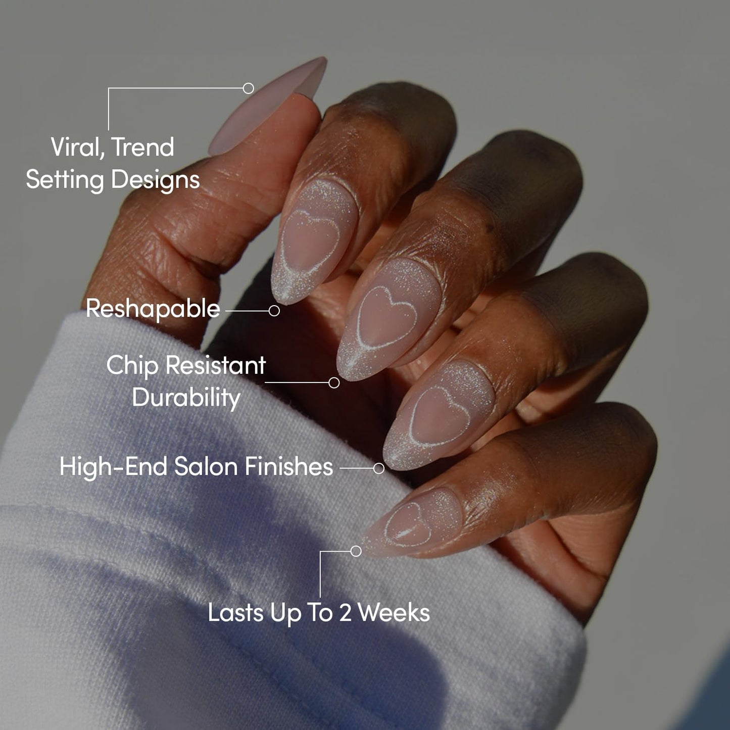 Glamnetic Press On Nails - Soulmate Energy Spring Nails | Short Almond Fake Nails in a Nude Pink Base with Cat-Eye Magnetic Heart Designs in a Velvet Finish | 15 Sizes - 30 Nail Kit with Glue