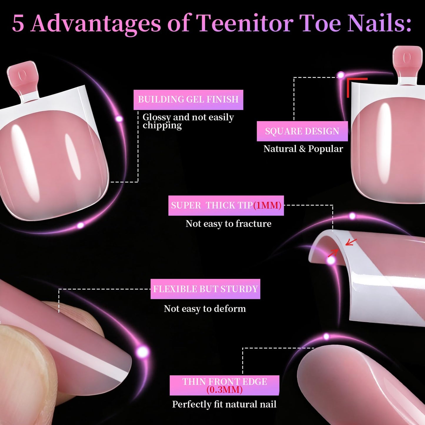 Teenitor Square Toe Nail Press Ons, 150pcs French Tip Press on Toenails with Nail Glue, Thick Toe Press on Nails Fake Toe Nails for Women, 15 Sizes Toe Nails Glue on with Nail Charms for DIY