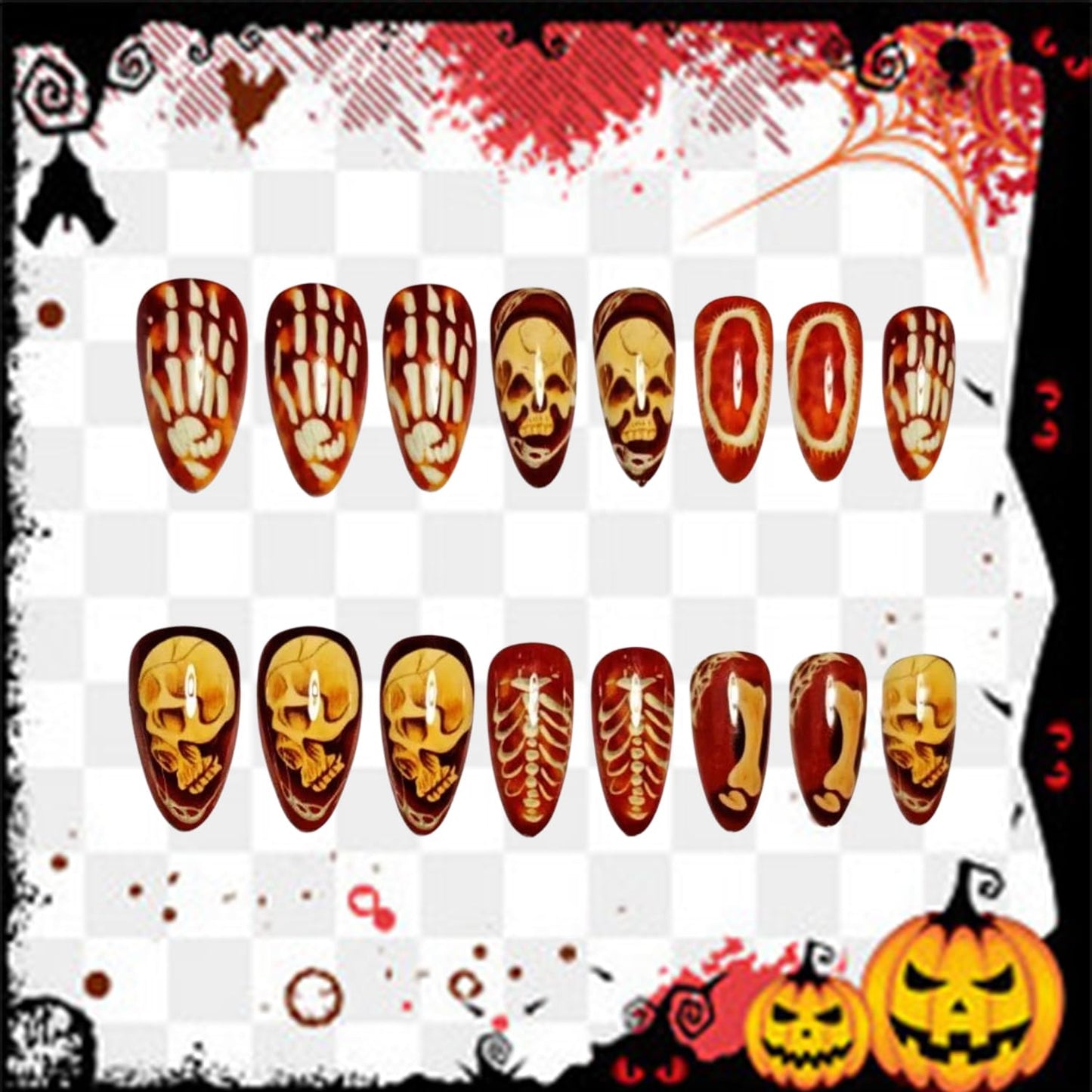 24Pcs Halloween Press on Nails Medium Almond White Skull Skeleton Hand Design Acrylic False Nail Full Cover Glossy Halloween Stick on Nails Press Ons Almond Glue on Nails for Women Festival Supplies
