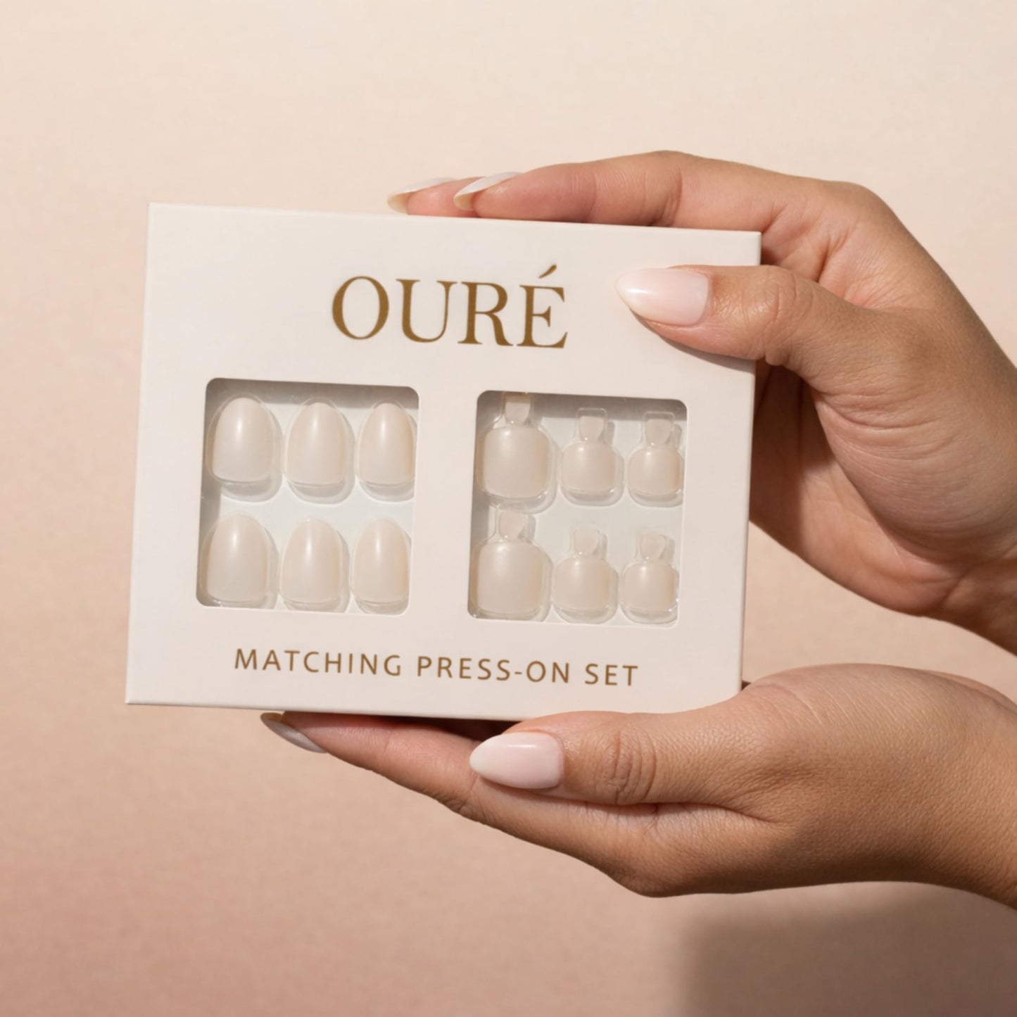 OURÉ Matching Press On Nails and Toenails Mani Pedi Set, Short Almond Soft Gel Nail Kit with Glue, 30 Press On Nails + 24 Press On Toenails, Reusable Fake Nails (Opal Veil – Soft Pearl White)