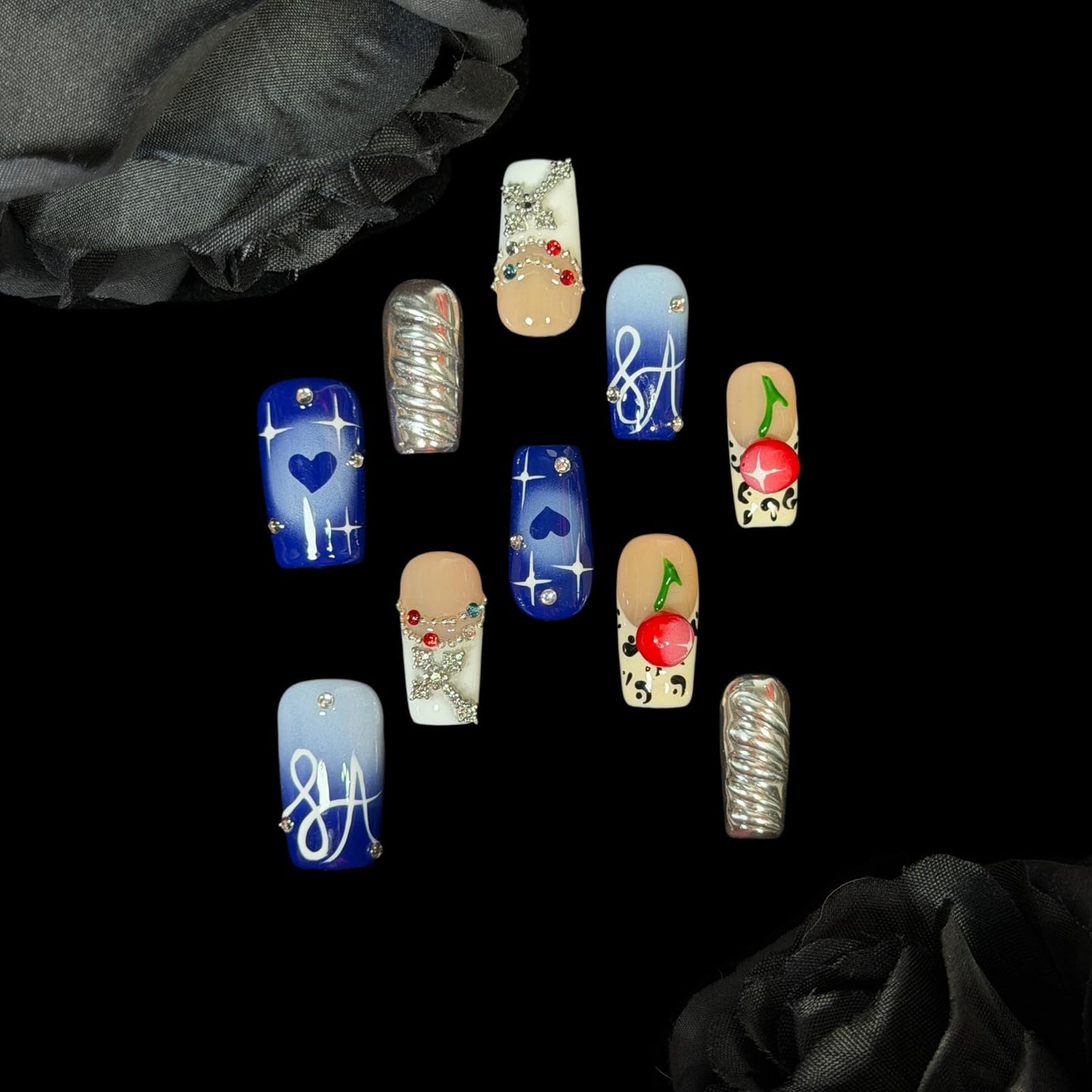 Handmade Press On Nails, Short Square Blue Nude with 3D Cherry, Rhinestone Chrome Acrylic, Reusable Stick On Nails Rebel Symphony (M)