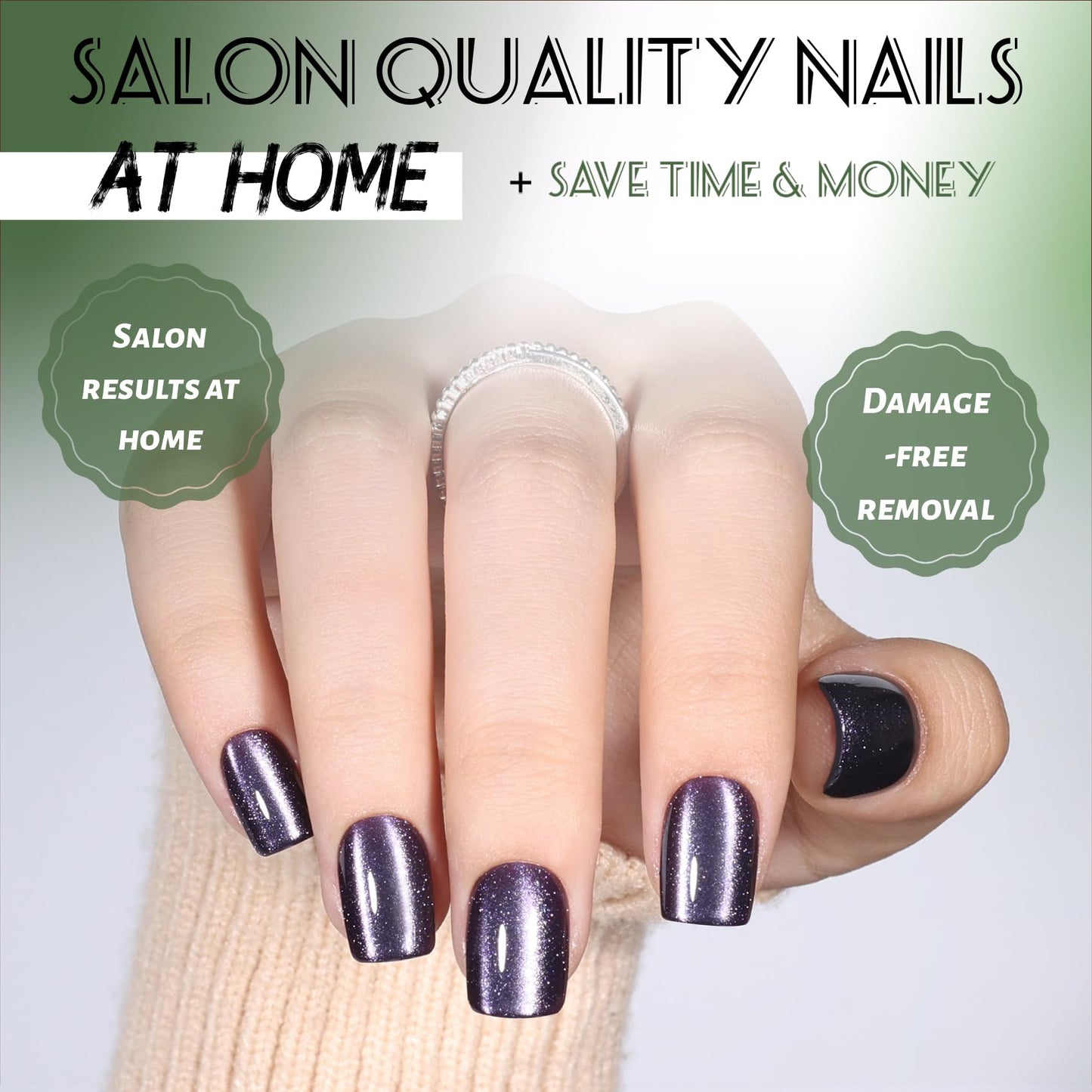 Purple Cat Eye Press On Nails Square - Short Square Fake Nails with Nail Glue, Dark Purple Cateye Press On Nails Reusable Stick On Nails in 15 Sizes 30 Nail Kit for Women & Girls | Salon Quality