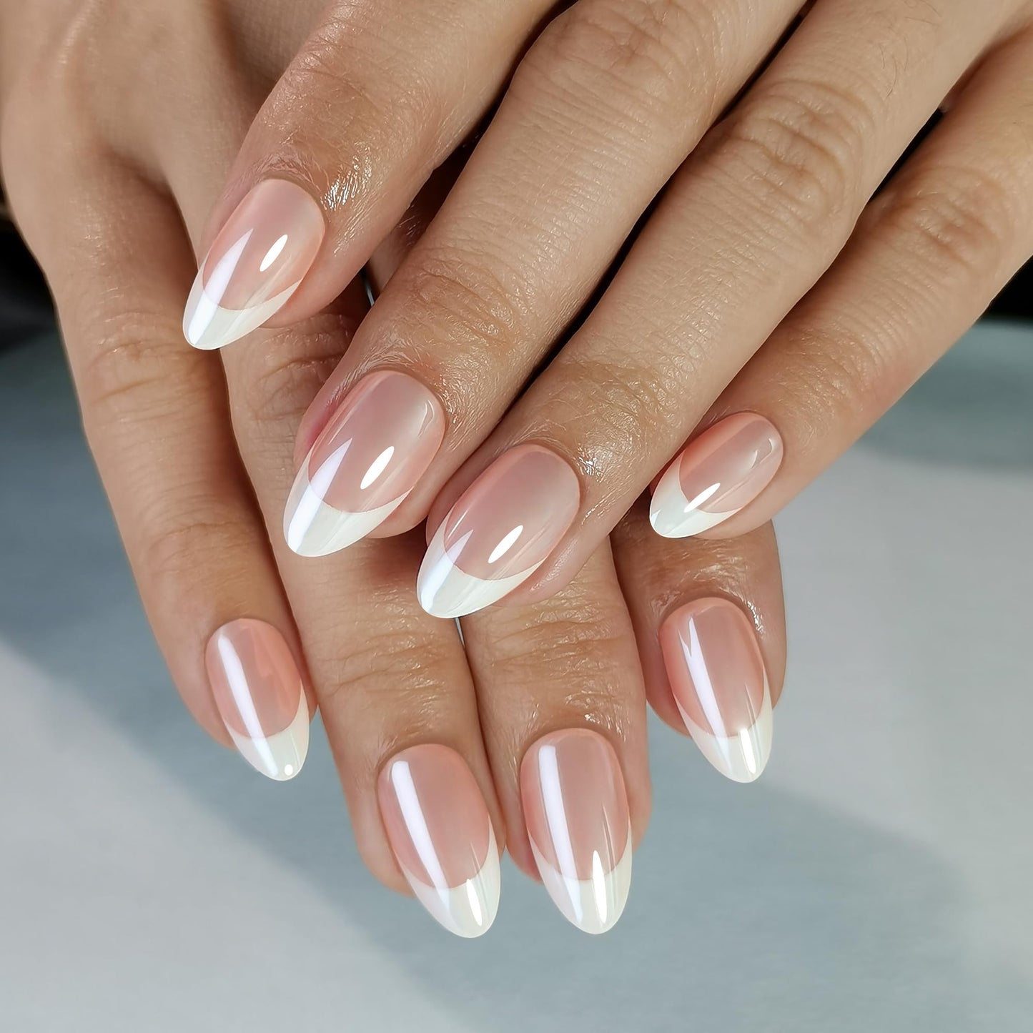 French Tip Press on Nails – French Toast | Medium Almond Shape with Glossy Glazed Finish | Salon Quality Fake Nails, 32 Nails(16 Sizes) Kit with Glue & Adhesive Tabs