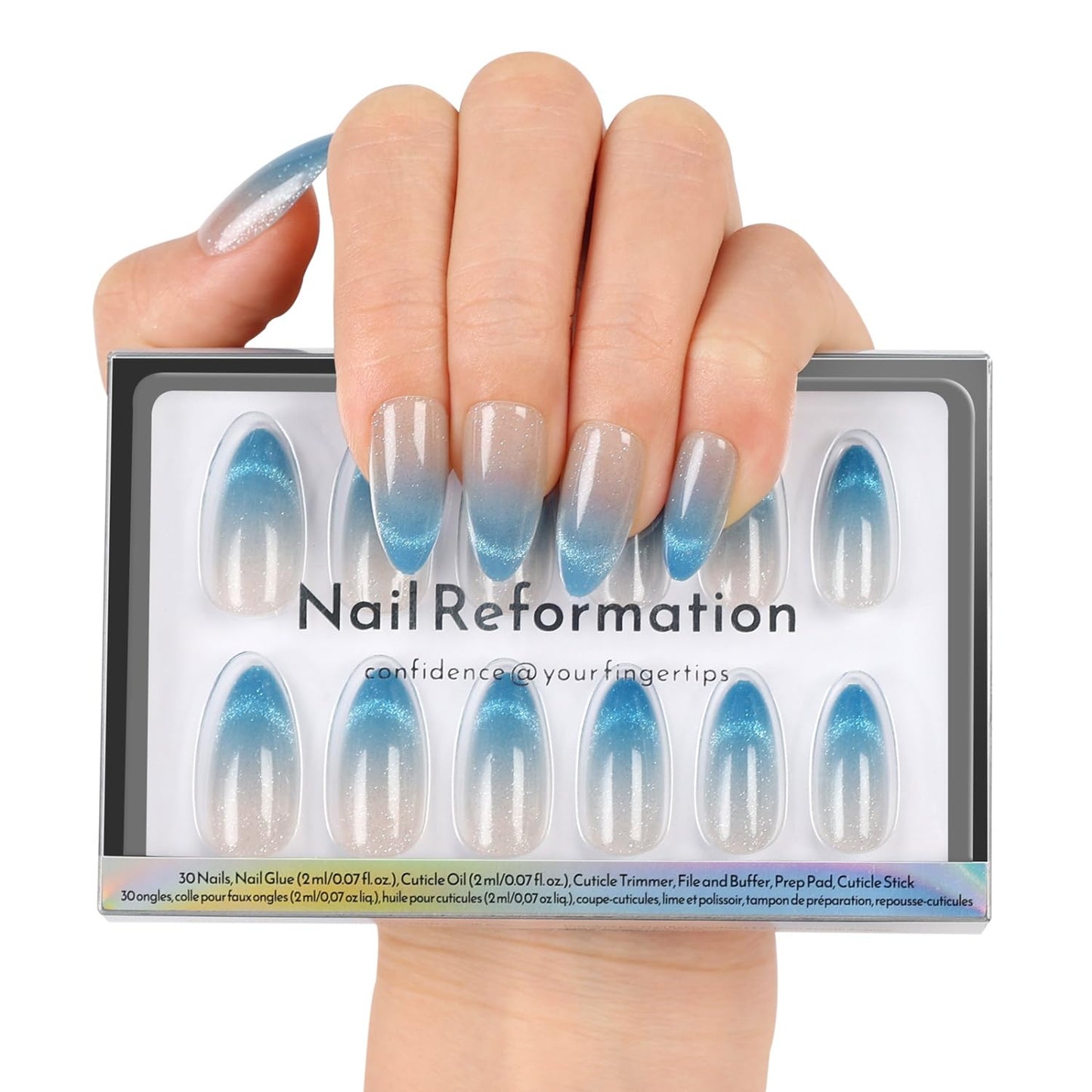 Nail Reformation Press On Nails, Ombre Blue Velvet Shimmer Medium Almond Fake Nails in Glitter French Tip, Salon Quality, Reusable Stick On Nails in 15 Sizes - 30 Nail Kit with Glue, Gifts for Women