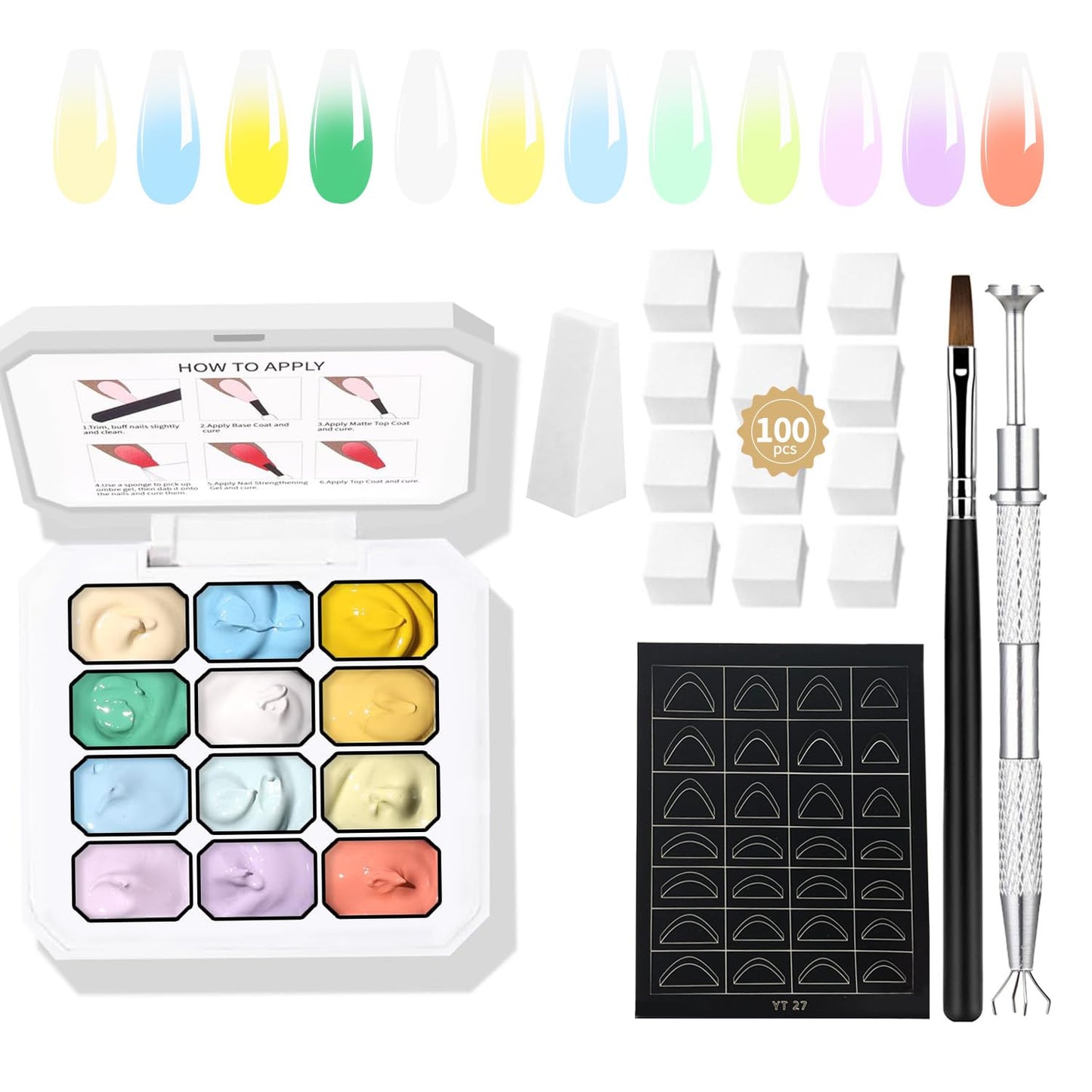AOBOO Pat Painting Gel Gradient Nail Art 12 color Ombre Nail Polish With 100pcs Nail Sponges & Grabbing Pen For Completion Of Painting Glue For Nail Art Complex Design (c1)