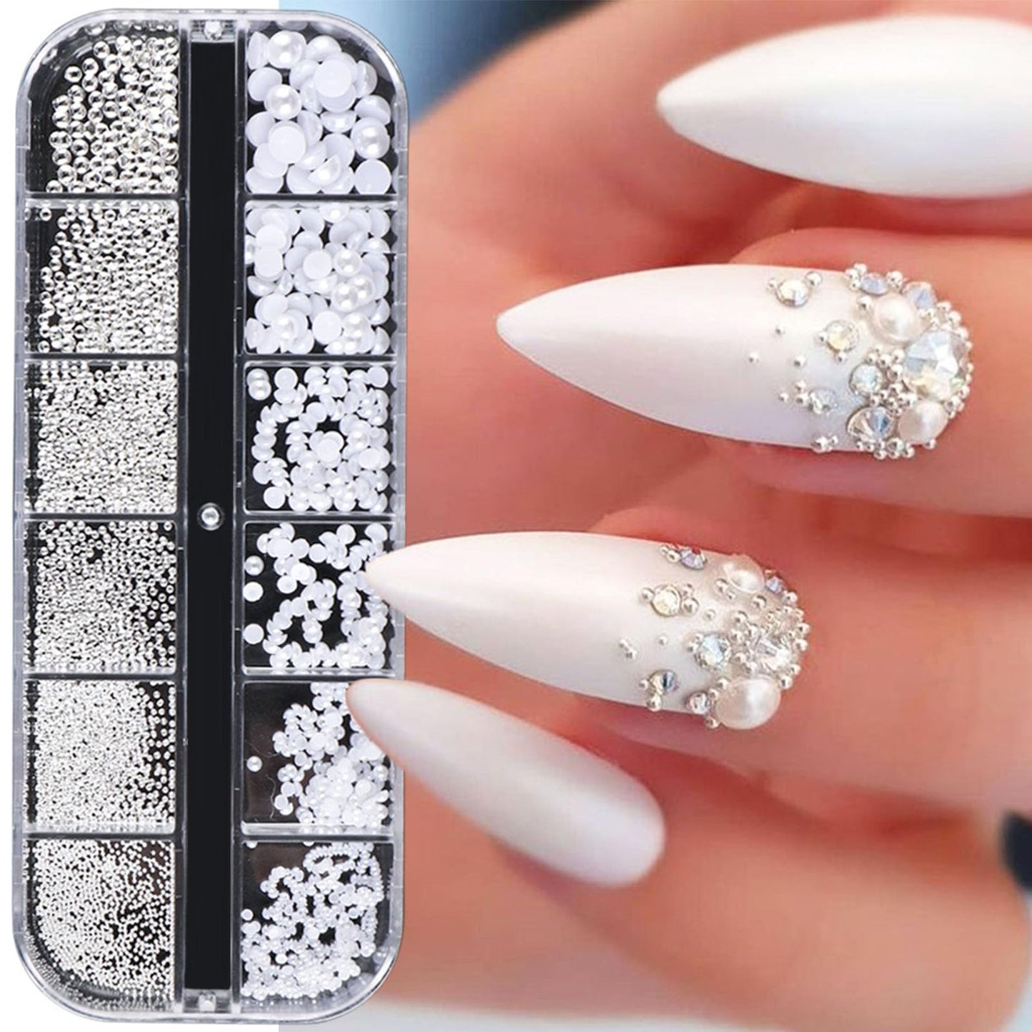 SEMATA White Nail Art Pearls Charms Mixed Size Nail Gems Flatback Nails Rhinestones Pearls Gold Silver Caviar Nails Beads Art Accessories Decoration Design for Women
