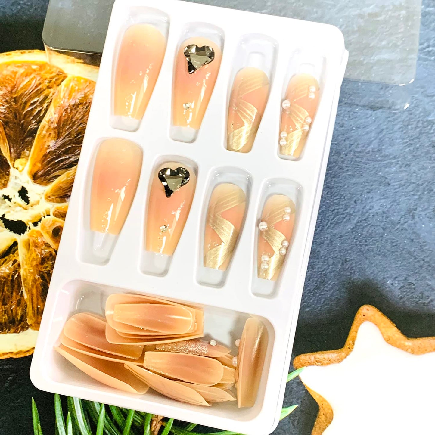 Press on Nails Square Medium Length, Artificial Acrylic Fake Nails with Heart Rhinestone Pearl Designs, 24Pcs Full Cover Reusable Coffin False Nails, Women Glue on Nails, Stick on Nails for Nail Art