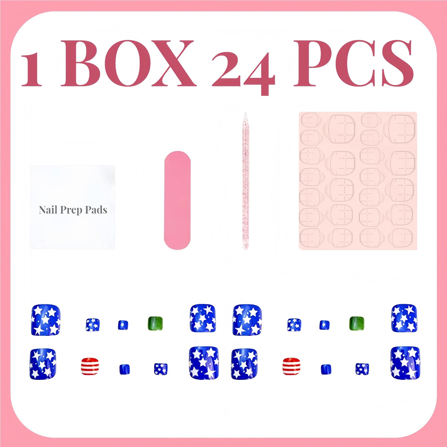 24Pcs 4th of July Press on Toenails Short Square Fake Toe Nails Independence Day Glossy Acrylic Toenails Red White Blue Toe Nails False Toenail Press Ons Patriotic Star Stick on Toenail for Women