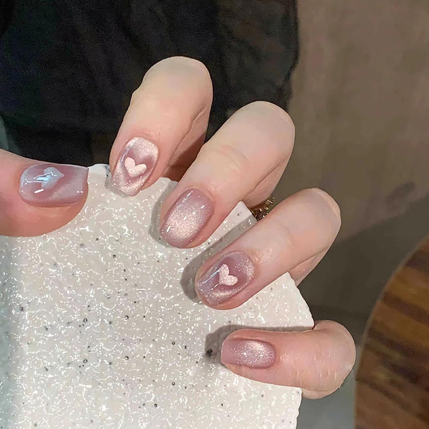 FIEONCIY Press on Nails Short Square Shaped Glossy Full Cover Acrylic Extra Short Square False Nails with Love Heart Designs Artificial Fake Nails Glue Stick ons Fingernails for Women Girls(MY021)