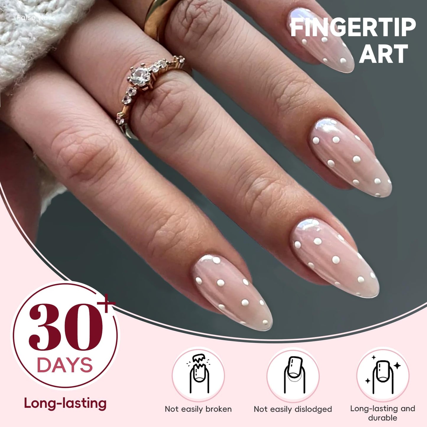 HOSAILY Chrome Polka Dot Press on Nails Medium Almond, 30pcs Handmade Nude Pink Glaze Aurora Fake Nails with Iridescent Shimmer Design, Glossy Elegant Pretty Daily Wear Valentine Press ons for Women
