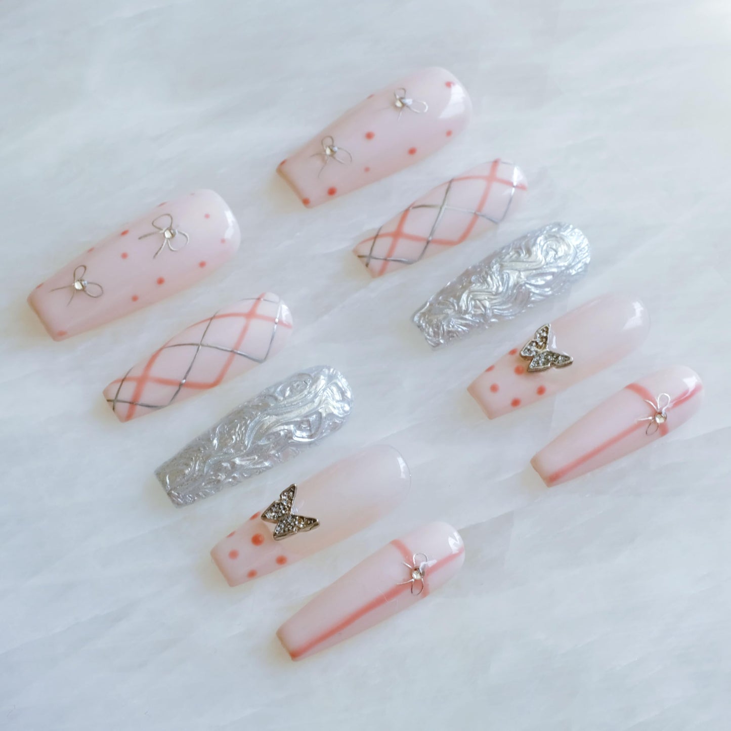 GLORS Press-on Nails, Long Ballerina Style, Pink with 3D Silver Butterfly and Bow Design, Handmade False Nail 10 Pieces (XS, LB)