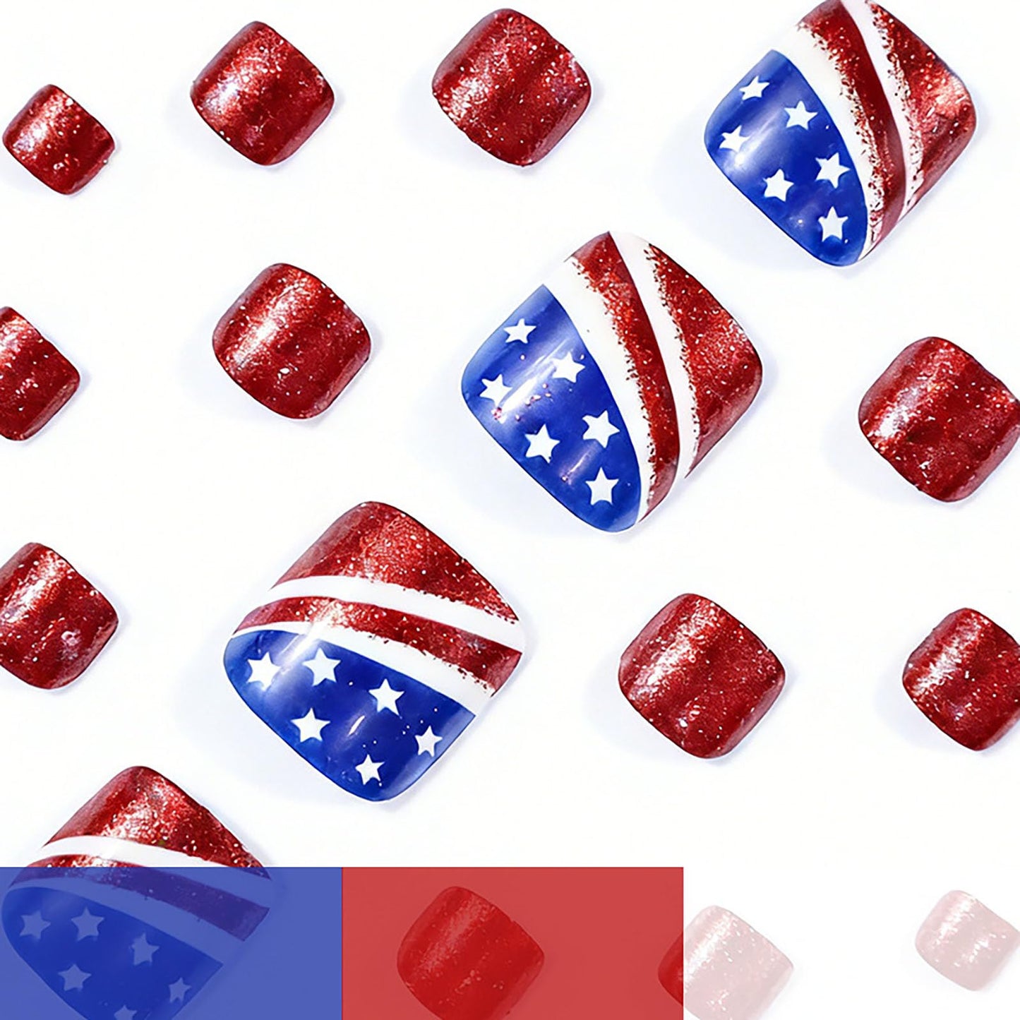 RUOKEXIN 4th of July Press on Toenails Short Square Fake Toenails with Glitter Designs 250th Anniversary USA Toe Nail Press ons Sparkly Artificial Nails for Women 24Pcs