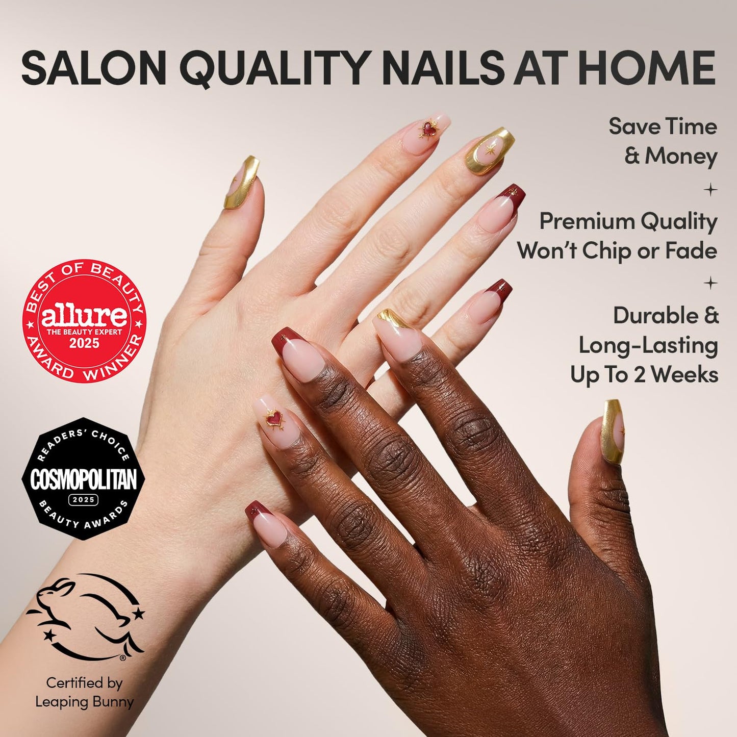 Glamnetic Press On Nails - Queen of Hearts | Medium Coffin Fake Nails with a Sheer Base, 3D Gold Metallic Designs and Deep Red French Tips | 15 Sizes - 30 Nail Kit with Glue