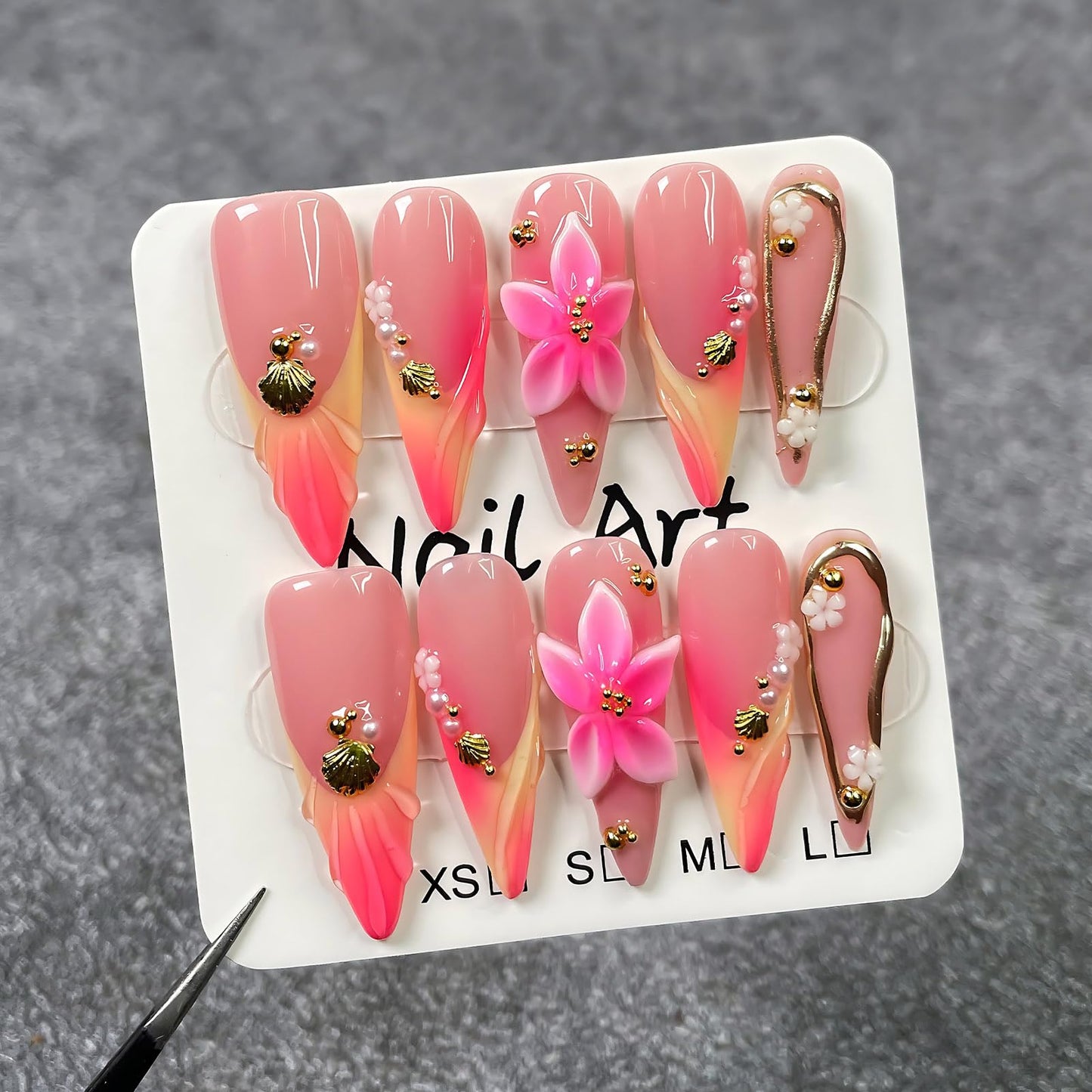 Handmade Press On Nails Almond Long Homemade Press On Nails French Tip With 3D Design Fake Nail Art For Women M