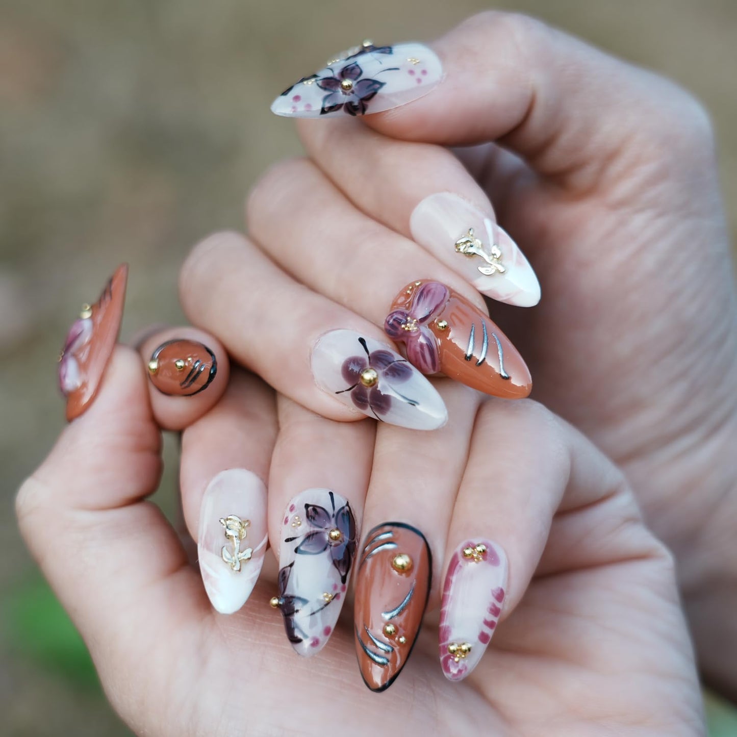 Tesytto 3D Embossed Flower Press on Nails Almond - Handmade Orange Brown & White Design, Luxury Glossy Reusable Fake Nails for Women(Orange Pink Flower Glaze, L)