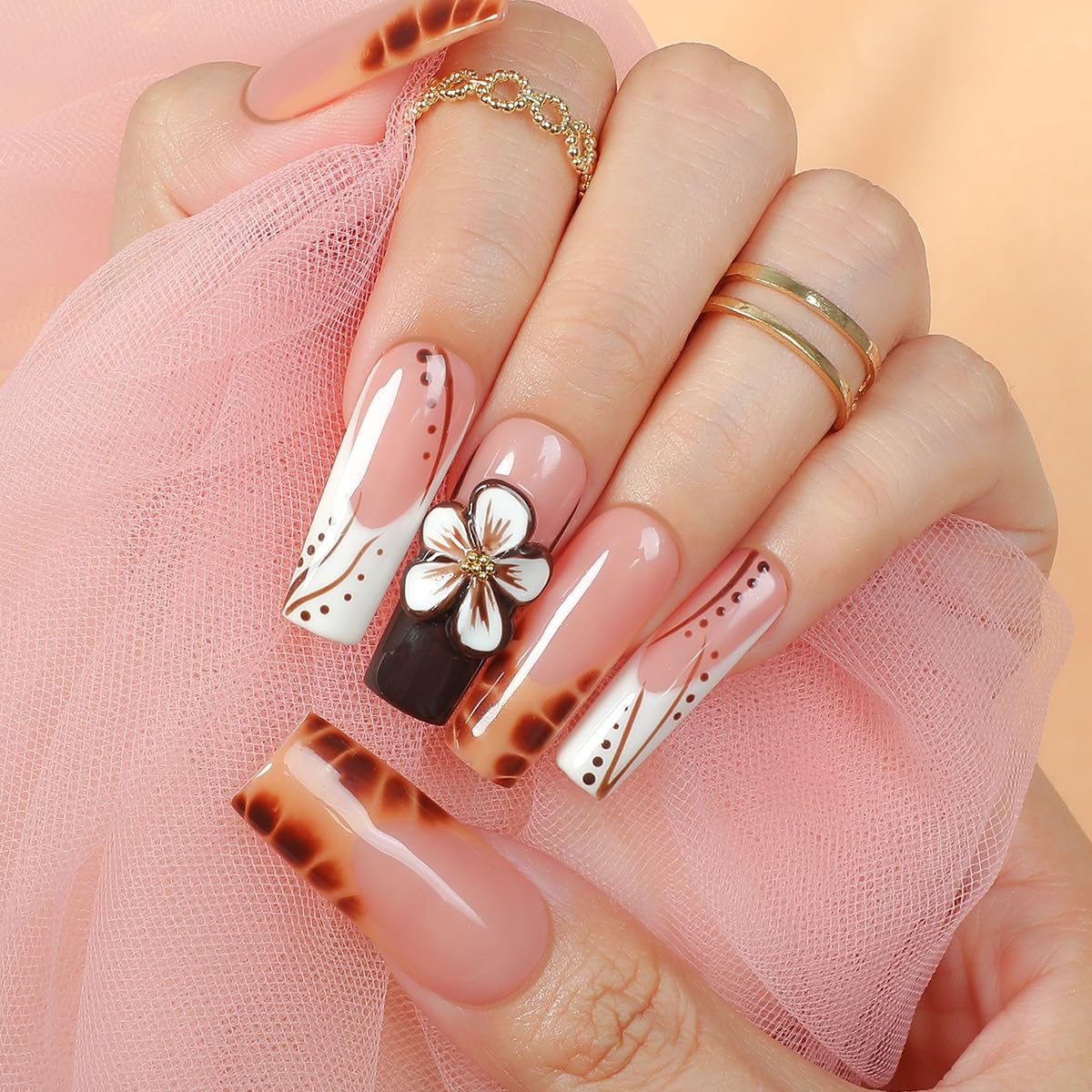 Flower Press on Nails - Long Square Handmade Press on Nails Thick Acrylic and Muti-Layer Gel False Nails 3D Floral Stick on Nails Leopard French Tip Fake Nails for Women DIY Art Decor (S)