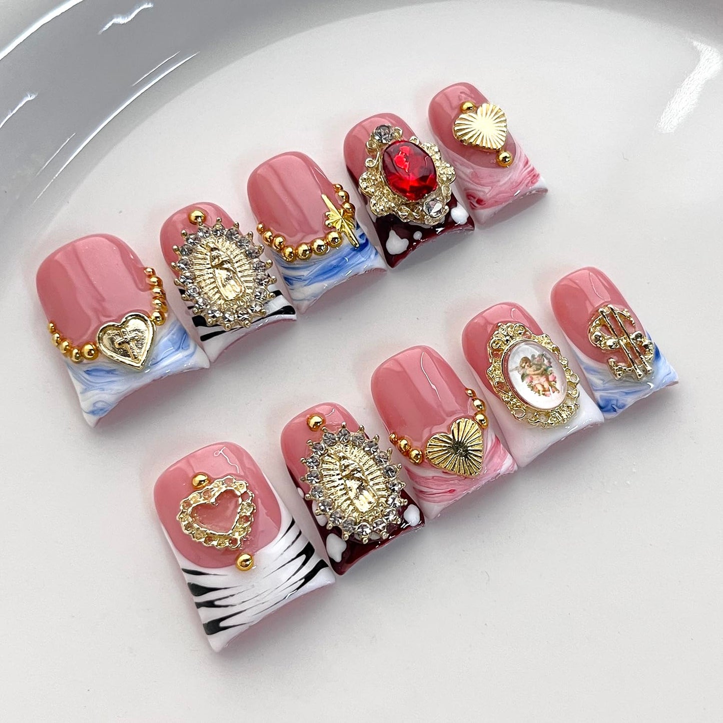 Handmade French Tip Press on Nails Short Duck 3D Thick Acrylic Nails Baroque False Nails with Rhinestones Oil Painting Designs Luxury Royal Fake Nail Sturdy Art Press on Nail 10Pcs(M)