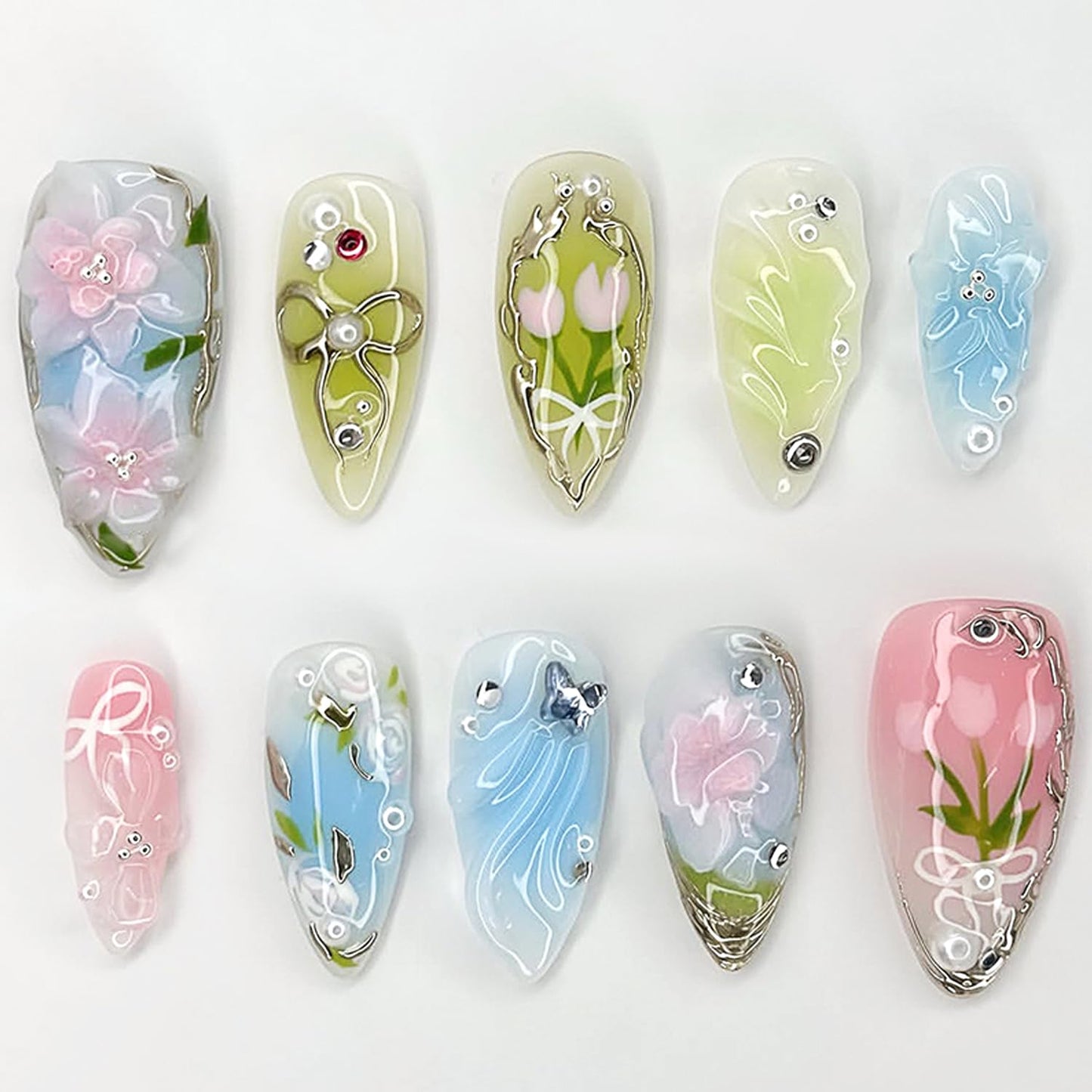 30Pcs Medium Almond Press on Nails Flower Fake Nails with 3D Butterfly Rhinestone Design Bow Floral False Nails Chrome Silver French Glue on Nail Glossy Full Cover Spring Summer Acrylic Nail for Women