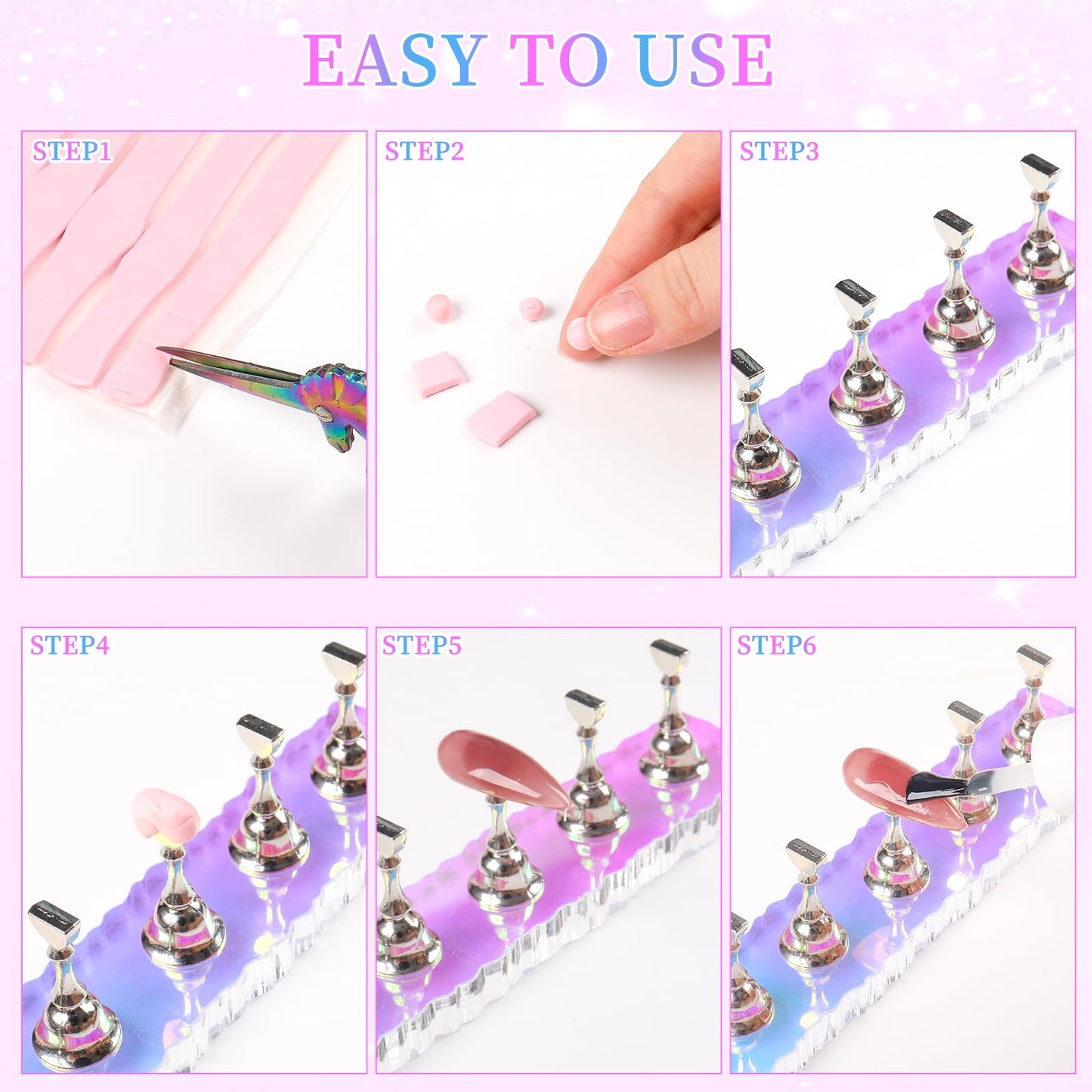 ANGNYA 2 Set Nail Stand, Aurora Nail Holder for Painting Nail Stand for Press on with 96 Pcs Removable Mounting Tapes Nail Display Stand Nail Hand Practice Magnetic Nail Art Tools for Homes and Salons