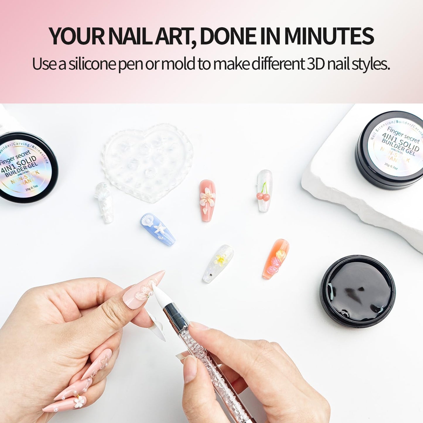 Finger Secret 3D Gel Nail Art Kit Solid Builder Gel for Nails 3D Sculpting Carving Building Modeling Hard Extension for Beginner DIY Salon at Home Cured Needed
