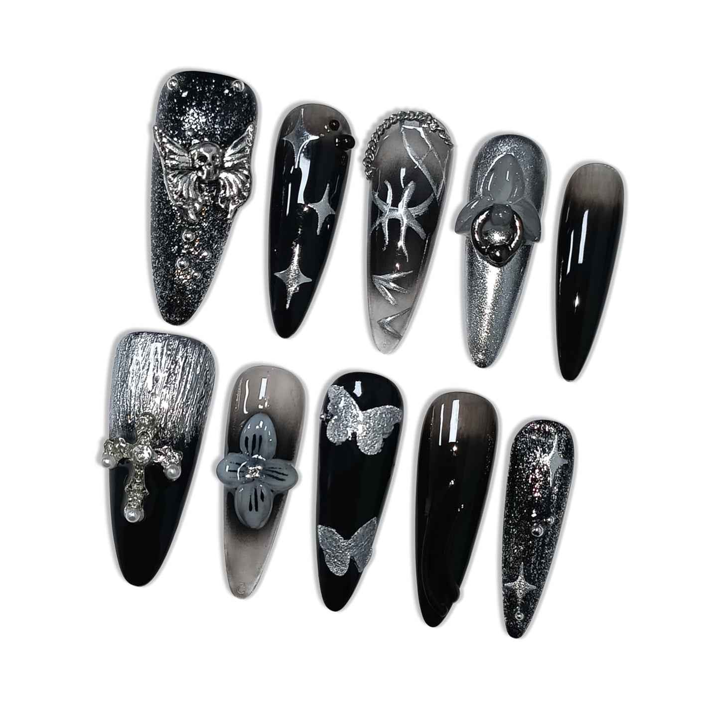 Hantyer Black Press on Nails with 3D Floral Carving, Skull & Cross Charms, Long Stiletto Glossy Punk Fake Nails, Reusable Edgy Gothic False Nails for Women Concert Night Party (Size M)