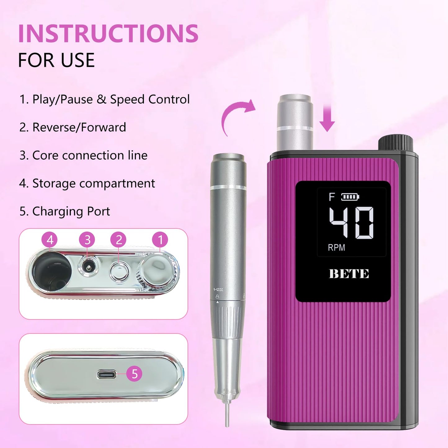BETE Professional Nail Drill, 40000 RPM Cordless Electric Nail File Kit with 6 Bits, Rechargeable Efile for Acrylic Gel Nails Polishing, Manicure Tools for Salon Home Use, Rose Red