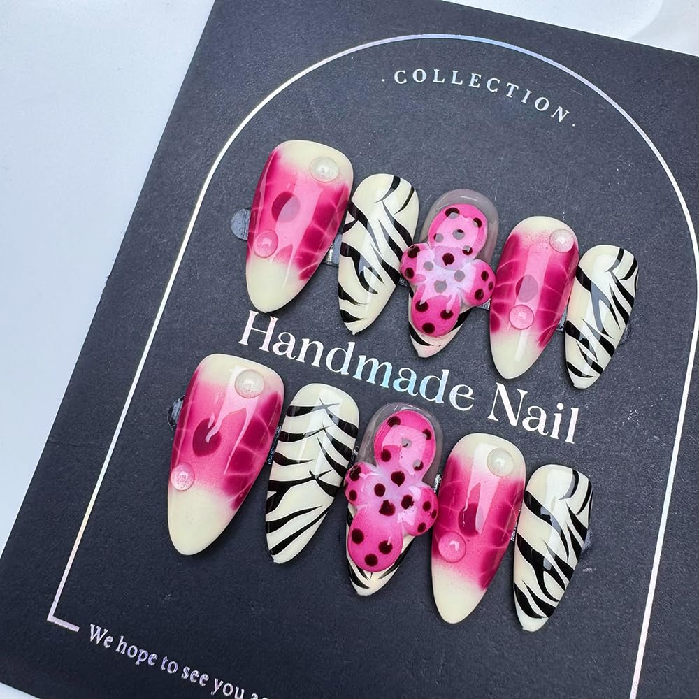 100% Handmade Press on Nails Medium Almond Handmade Nails with Rose Pink Flower Charm Design Glossy Ombre White Fake Nails Zebra-stripe Nail Press ons Reusable Spring Summer Nails for Women M 10Pcs