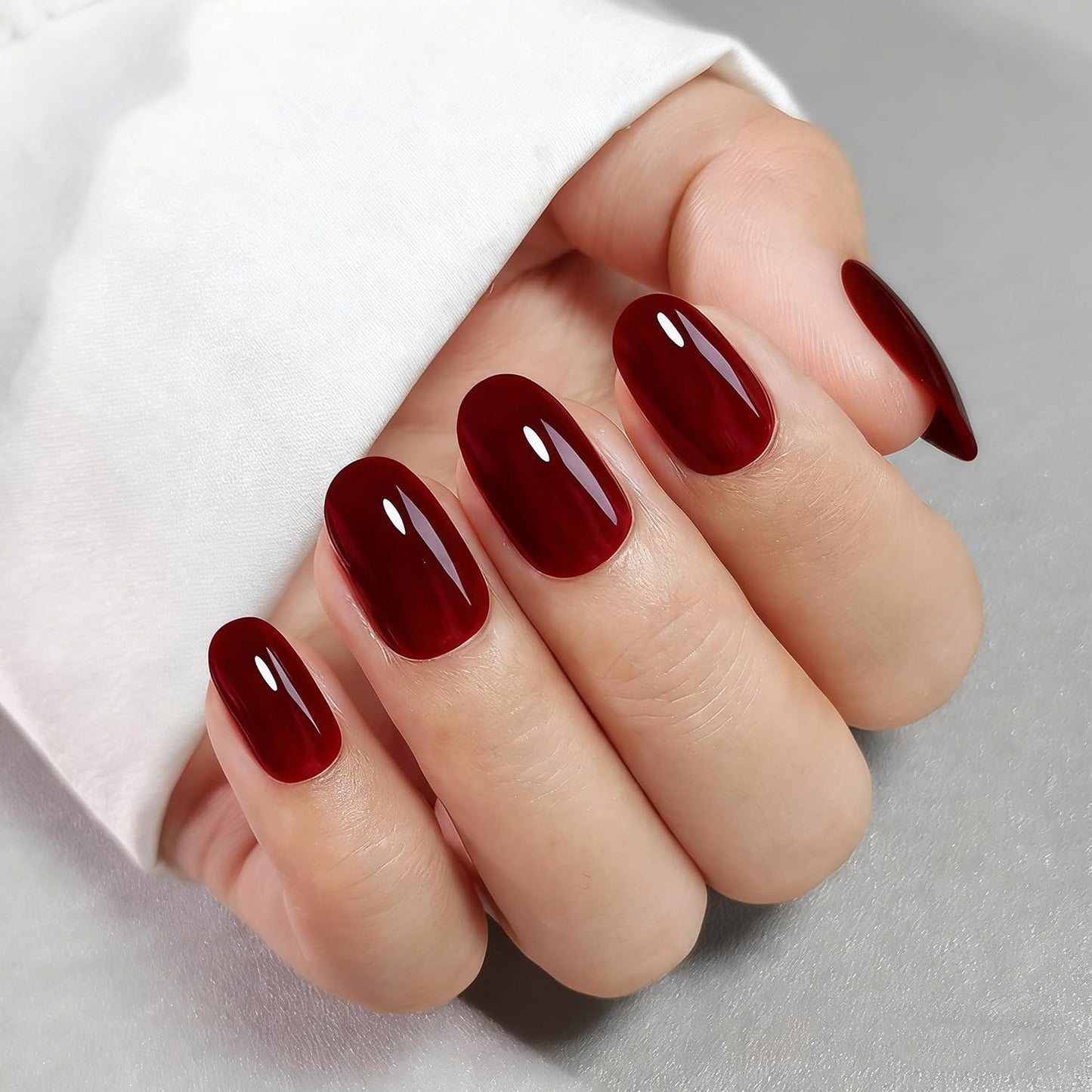 Wine Red Press on Nails Luxury Muti-Layer Gel Solid Color Fake Nails Thickened Acrylic Nail Designs Short Almond Stick on Nails Full Cover Pure Color False Nail for Women DIY Manicure Art 32 Pcs