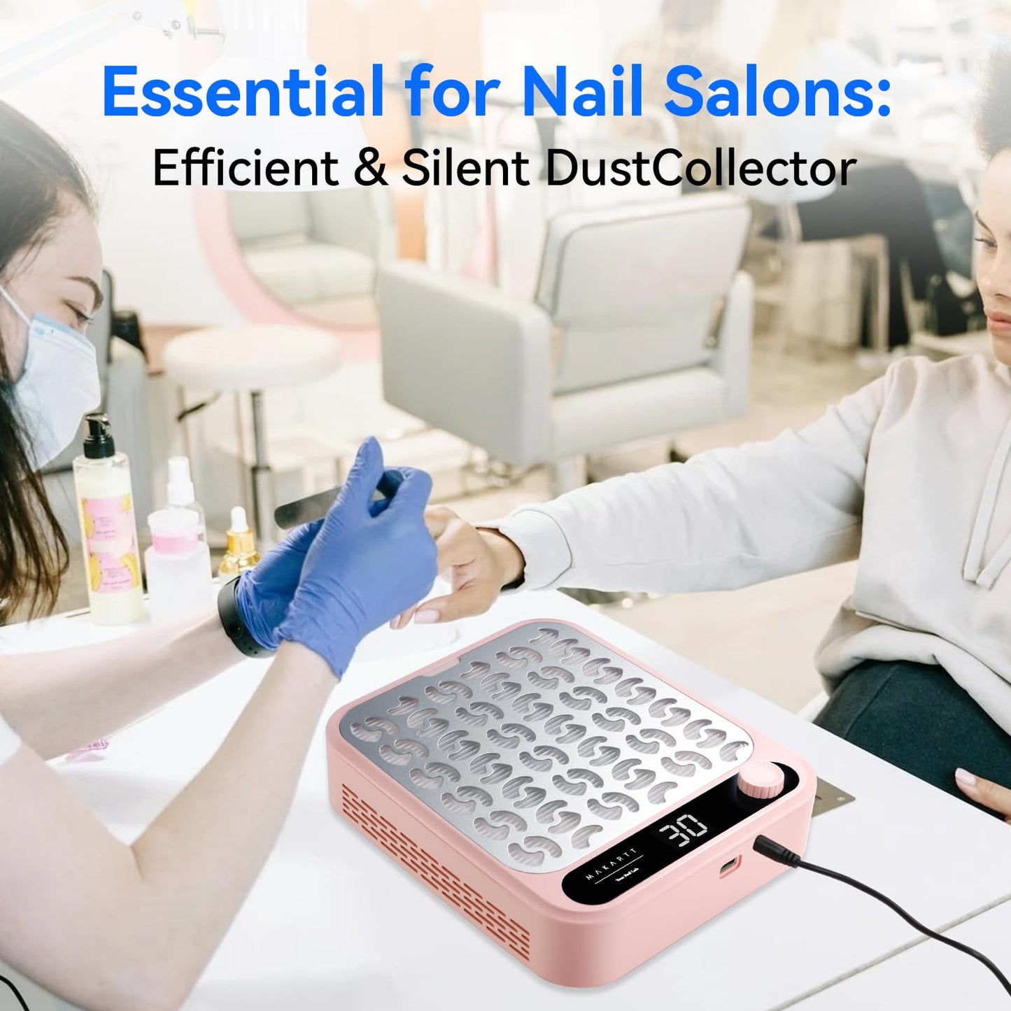 Makartt Nail Dust Collector - Professional Powerful Suction Larina Vacuum Fan Dust Cleaner with LED Display, Adjustable Speed, Reusable Filter for Acrylic Nails Polishing Manicure Salon Home Pink