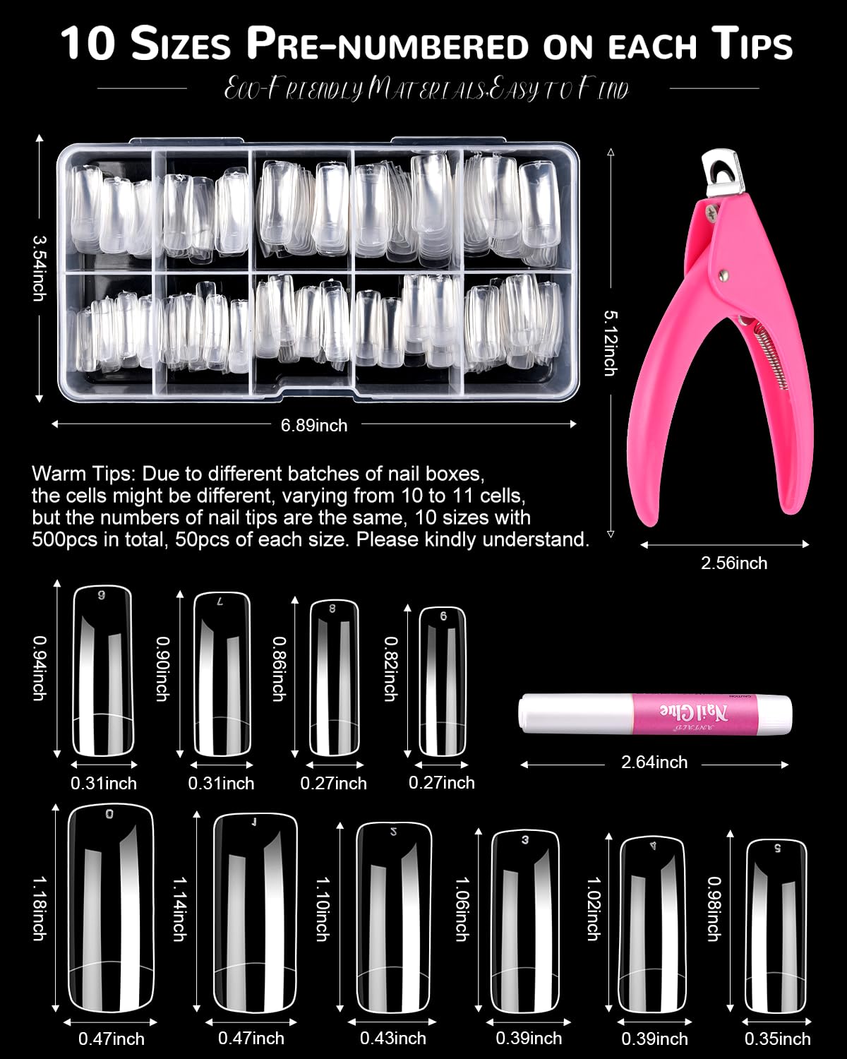MORGLES 500 Pcs Clear Acrylic Nail Tips Square Full Cover with Nail Clipper Files and Glues Cuticle Fork for Home DIY with Box
