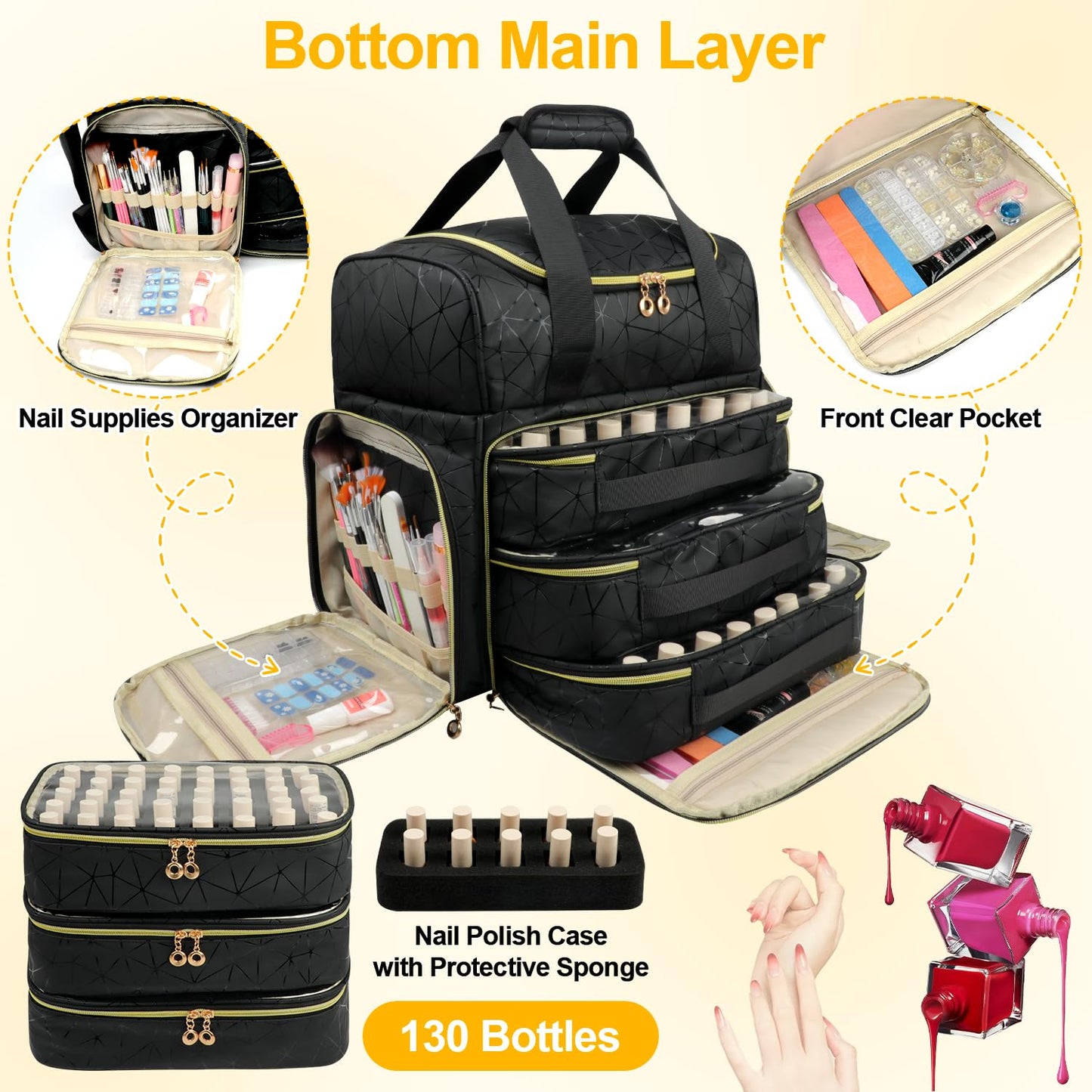 Veirdro Nail Polish Organizer Backpack Holds 130 Bottles (15ml/0.5fl.oz)& Nail Lamp, Extra Large Nail Kit Storage Bag with 3 Removable Carrying Cases, Nail Tech Supplies Organizer Case for Women Black