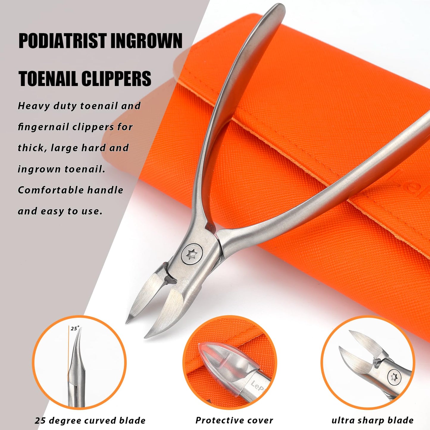 Nail Clippers Set for Thick Toenails and Fingernails, Heavy Duty Podiatrist Clippers for Ingrown Nails, Manicure Sets with Travel Leather Case, Gifts for Stocking Stuffers Men Women, 6PCS Orange