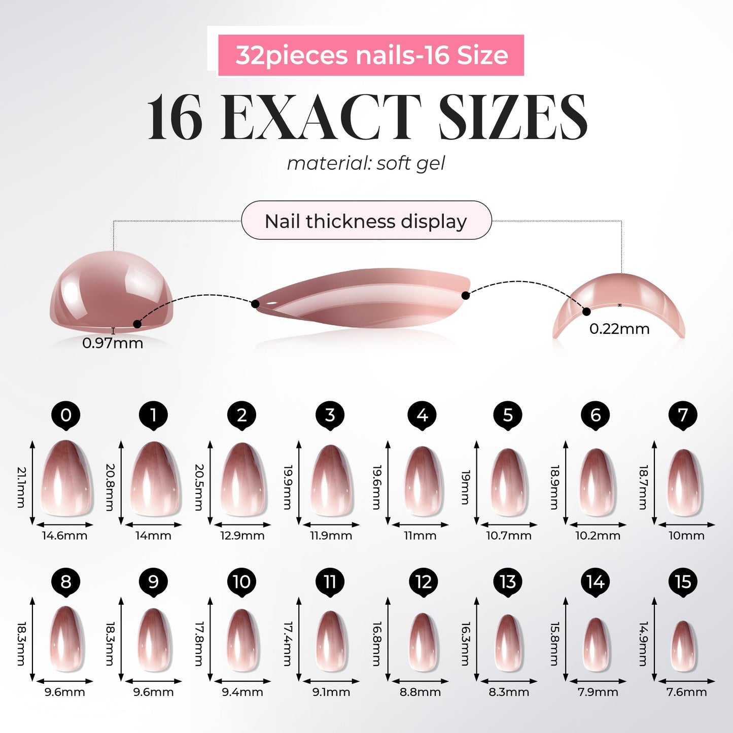 UNA GELLA 32Pcs Soft Gel Press on Nails - 16 Sizes Brown Ombre Chrome Almond Glue on Nails, Reusable Metallic Gradient Short Almond False Nails, Full Cover Acrylic Nail Kit for Women DIY Home Manicure