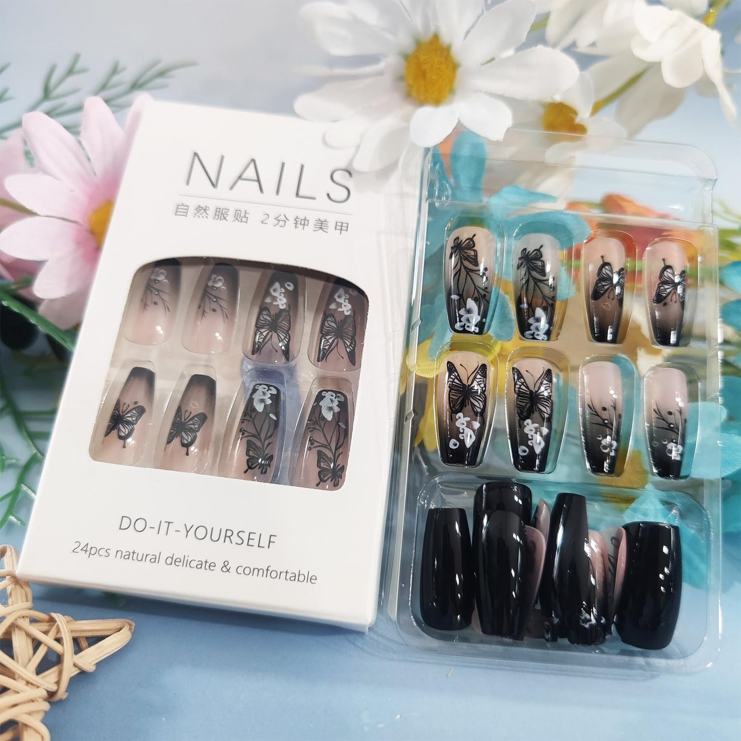 24Pcs Black Butterfly Press on Nails Glossy White Flower Medium Coffin False Nail Gradient Acrylic Full Cover Fake Nails French Gel Glue on Fingernails Ombre Stick on Nail for Holiday Manicure Art
