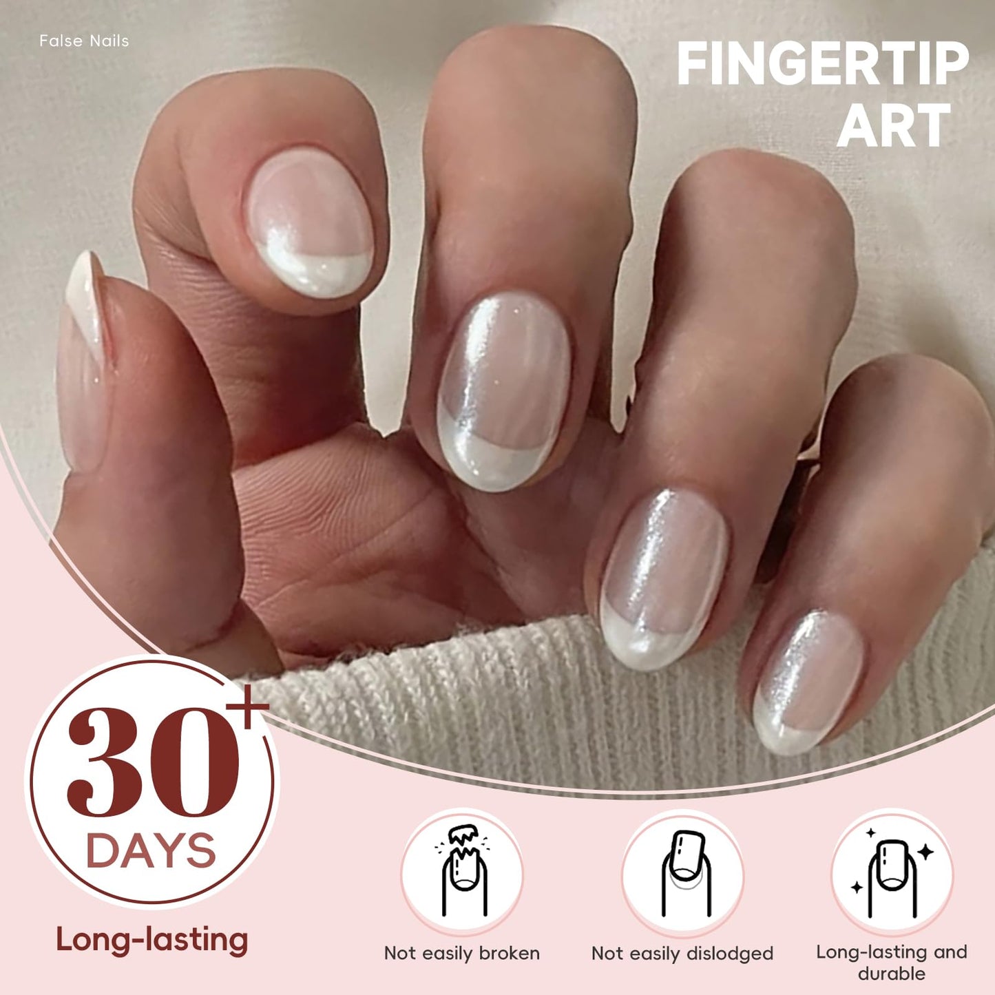 HOSAILY Short Oval Press on Nails Almond, White Chrome Press ons Small Fake Nails French Tip Pearl Shine Design Glue on Nails, 24pcs Natural Nude Glossy Classic Full Cover Stick on Nails for Women