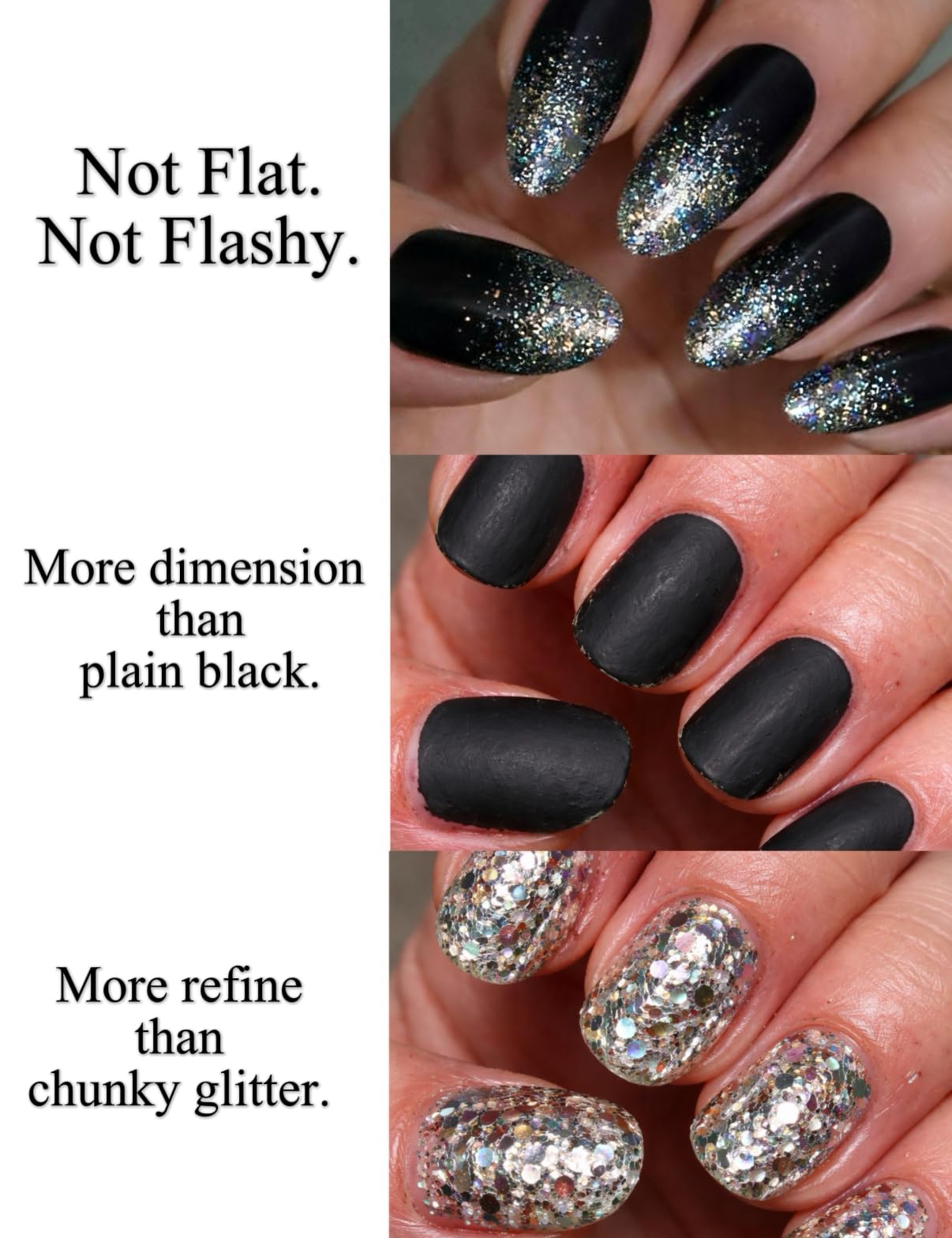 Black Glitter Press on Nails Medium Almond, Y2K Syle, Good for Music Festival, Parties, Daily Wear, Cool-Toned Shimmer Soft Gel Fake Nails, Salon Quality 24pcs Reusable Kit by Nailinism