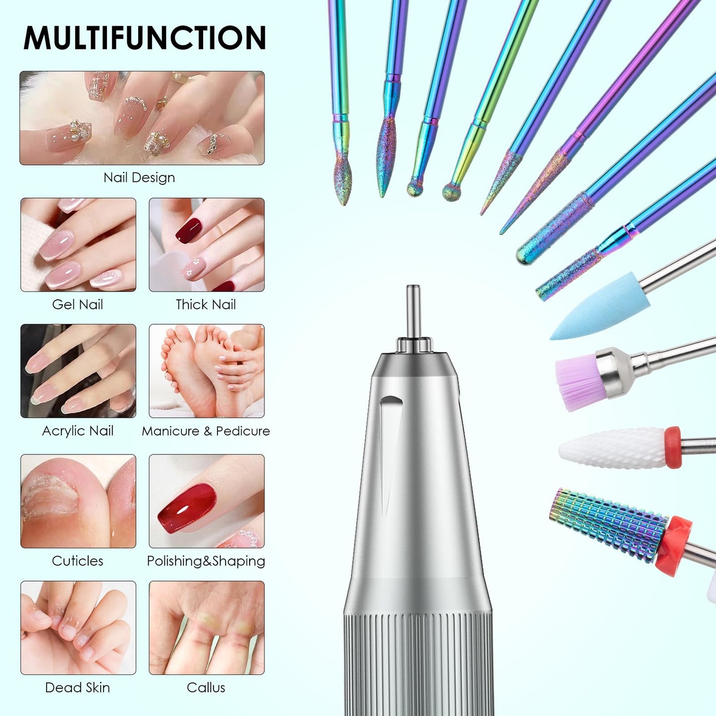 HOMEASY Electric Nail Drill, 40000RPM Professional E-Filer Rechargeable with 15 Drill Bits, Portable Nail File Electric Nail Filer for Acrylic Nails Gel Polishing Removing for Salon Home (Blue)