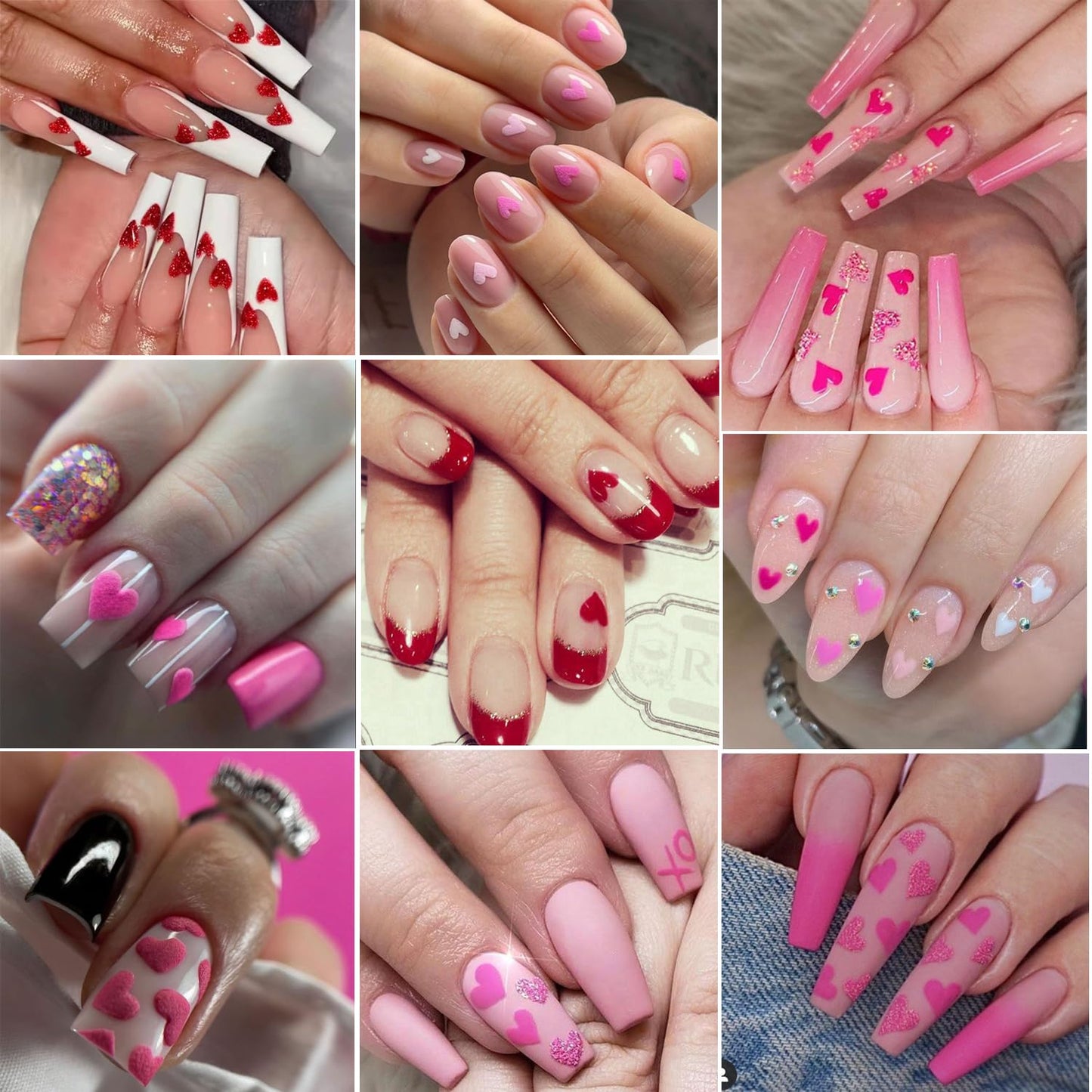 BSBTBZ Heart Nail Stickers - Valentine's Day Love Style Shiny Glitters Red Pink Self-Adhesive Glitter Powder Effect Valentine's Hearts Nail Design for Women DIY Manicure Supplies