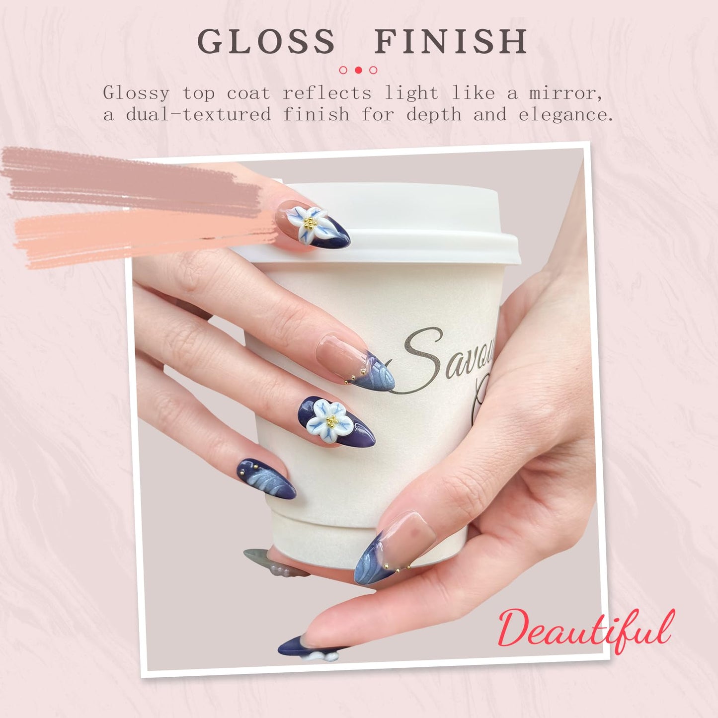Handmade Press-On Nails – Medium Almond Thick Acrylic Gel Nails, Reusable 3D Flower False Nails, Gradient Blue French Tip Manicure – Salon-Quality DIY Nail Art(10PCS-M)