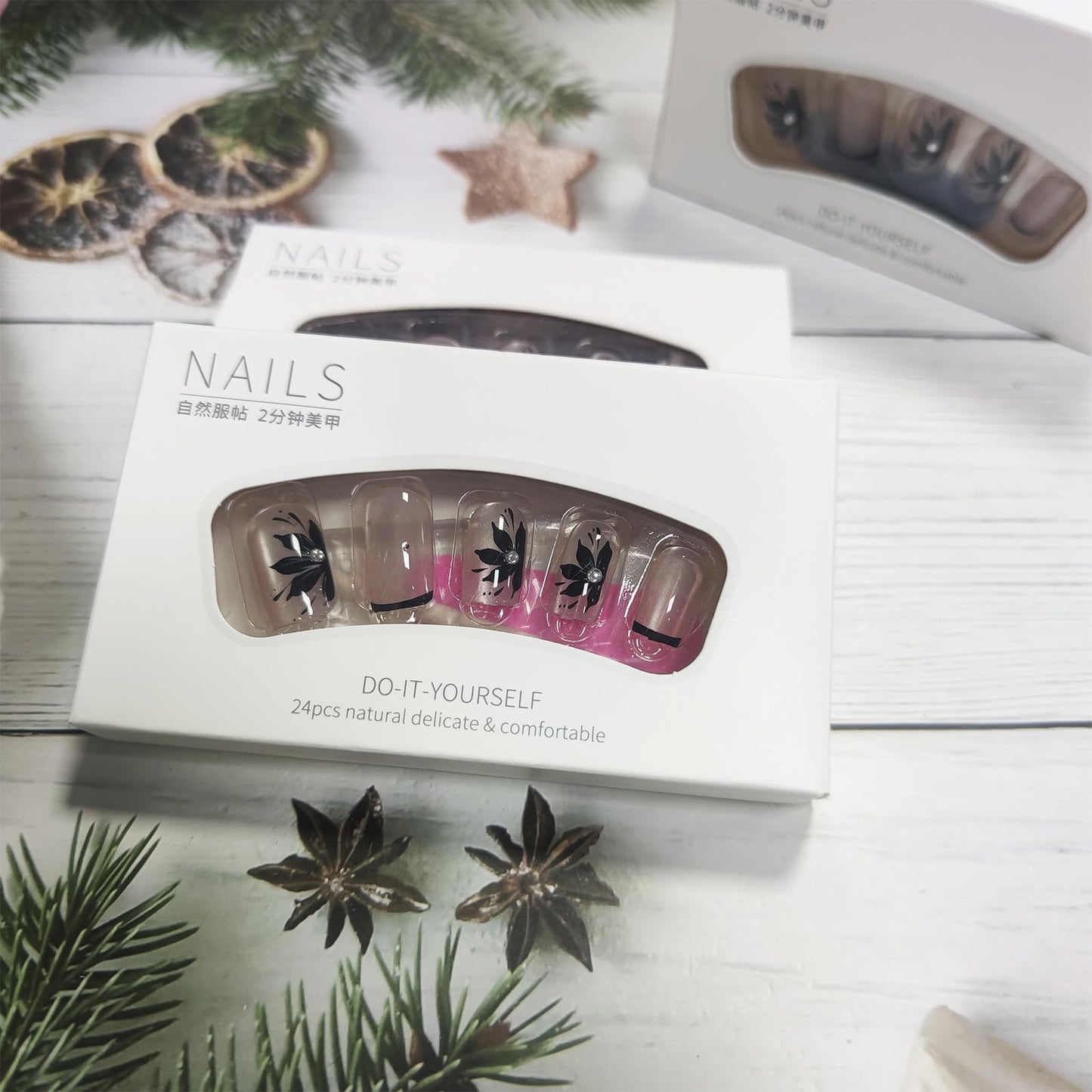 Winter Flower Press on Nails Black French False Nails Glossy Pink Cat Eye Acrylic Fake Nails 24Pcs Rhinestones Gel Glue on Nails for Manicure Flower Stick on Medium Square Nail for Coquette Women Girl