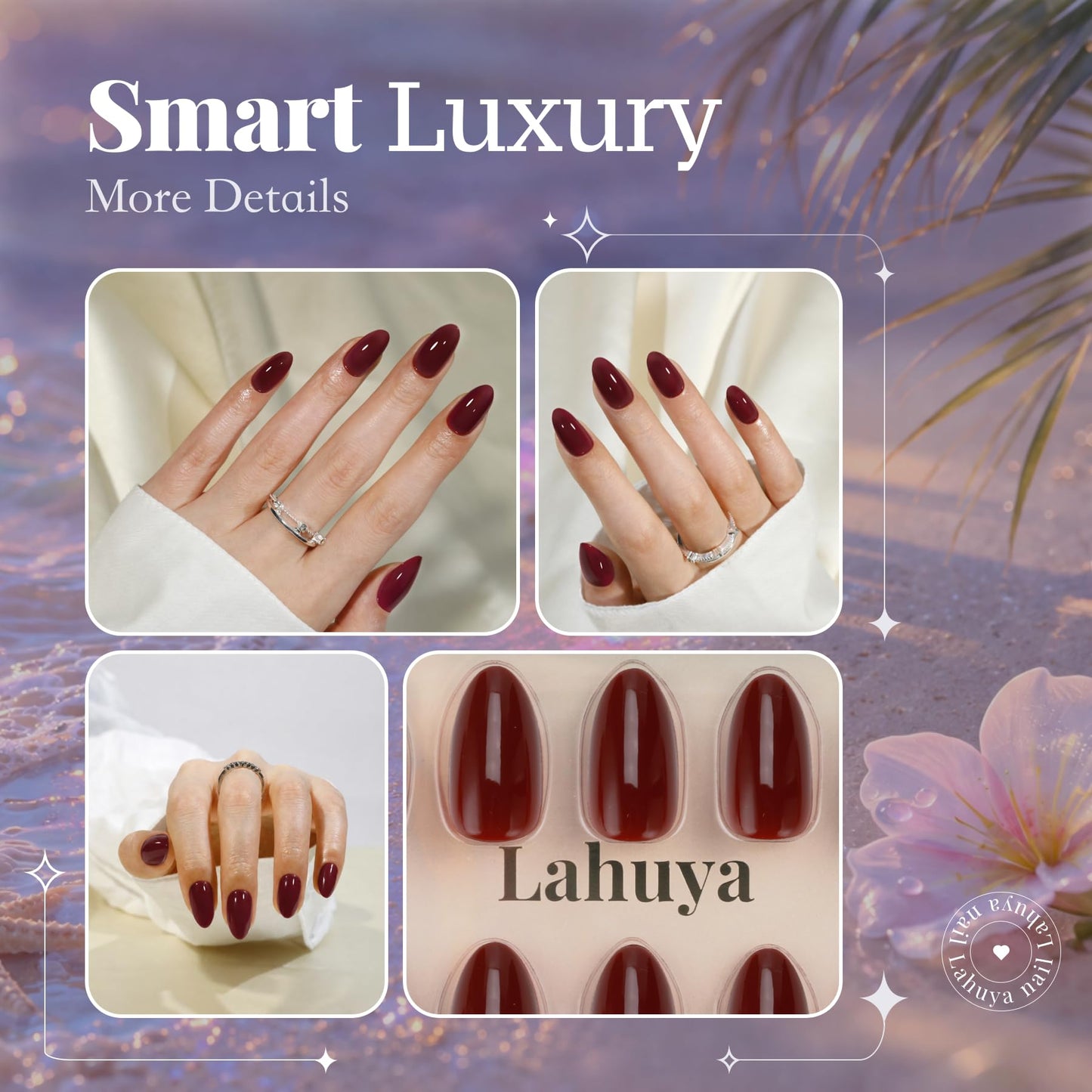 LAHUYA Press On Nails – Velvet Wine | Nail Artist Designed Short Almond Fake Nails with Deep Wine Red Glossy Finish, Reusable Press On Nails in 15 Sizes – 30 Nails Kit with Glue