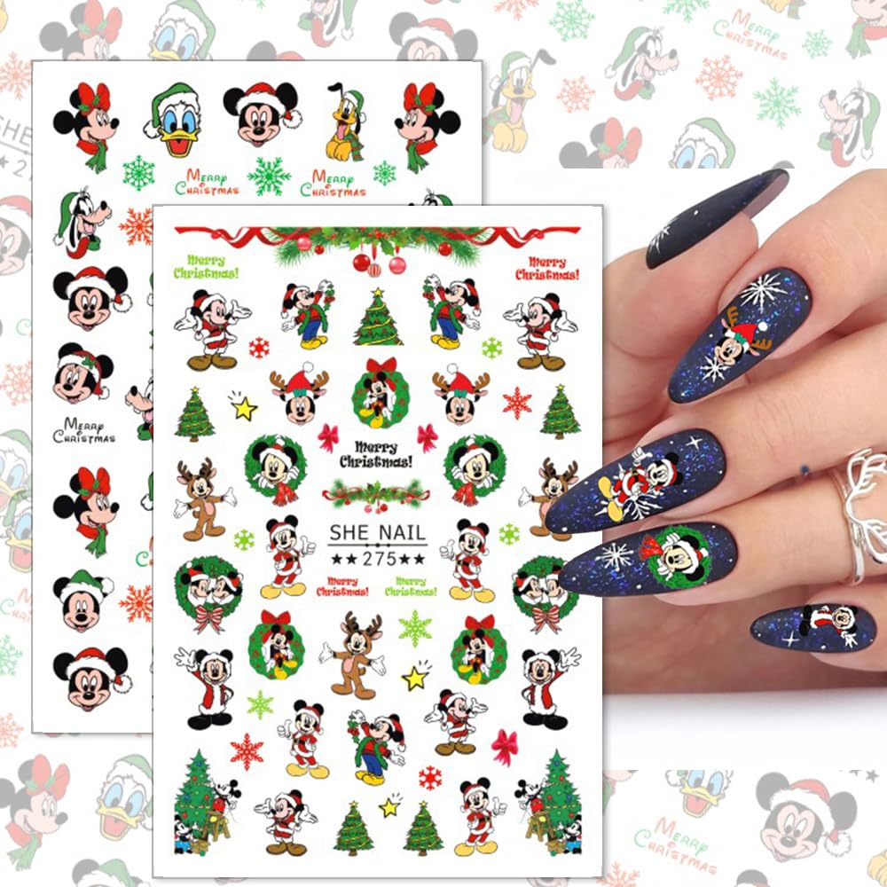 Christmas Nail Stickers - 8 Sheets Cute Cartoon Self-Adhesive Nail Decals, Xmas Nail Art Supply With Snowflake, Elk, Mouse Design for Women Girls DIY Nail Decoration