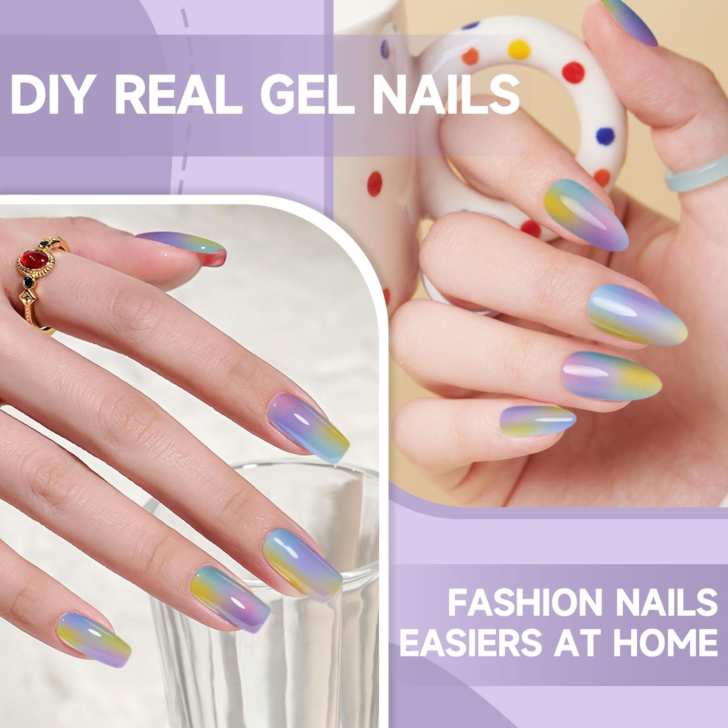 DUKASOU Semi Cured Gel Nail Strips,28 Pcs Gel Nail Stickers/Wraps(Colorful Aurora),Long Lasting Polish Stickers UV Cure,Works with UV Lamp,Easy to Apply