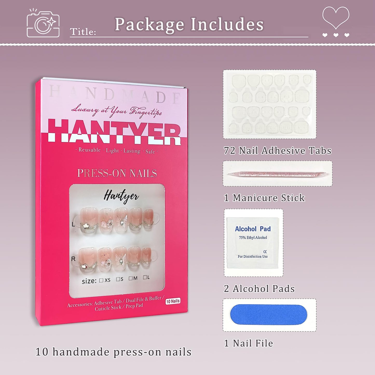 Hantyer Handmade Press On Nails Short Square,Acrylic French Crystal Cat Eye & Chain Pearl Butterfly Design Fake Nails,Cute Korean Pink False Nails 10PCS with Tools Kit for Women Daily (Size M)