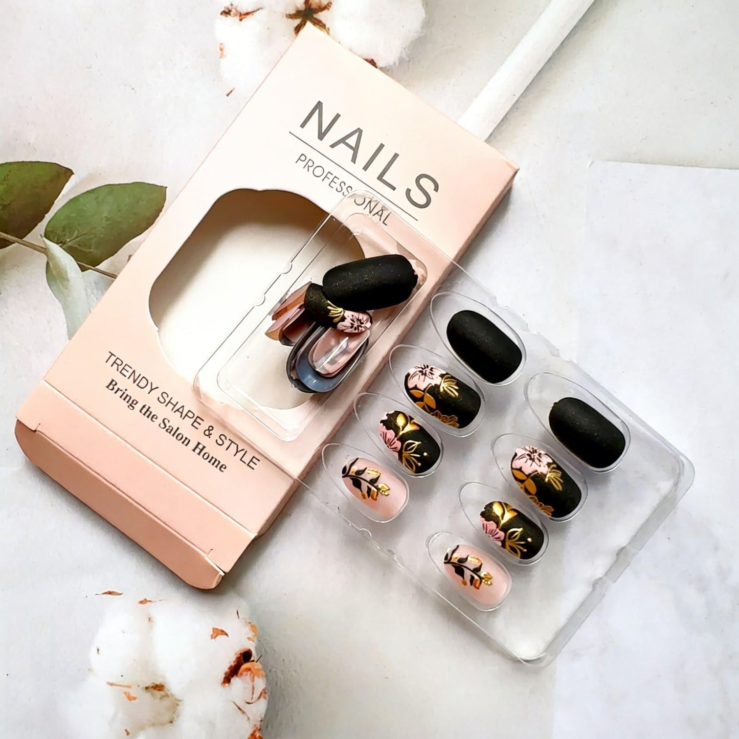 Short Press on Nails Almond Fake Nails with Flower Leaves Design Spring Floral False Nails Full Cover Acrylic Nails Matte Black Pink Glue on Nails Cute Stick on Nails for Women Manicure Decorations