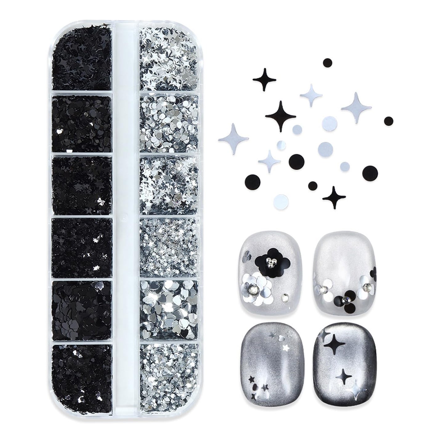 12Grids Silver Black Mini Mixed Nail Art Glitter Kit - Sparkle Heart Star Round Nail Glitters Sequins 3D Holographic Silver Nail Flake Y2K Shiny Nail Supplies Acrylic Nails Tips Accessories for Women