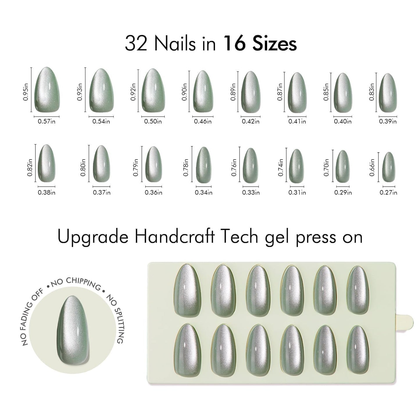 VSALON Almond Medium Press On Nails, Green Holographic Summer Cat Eye Chrome False Nails, Salon Quality Shimmer Fake Nails Kit - 32 PCS Stick on Nails in 16 Sizes with Glue & Cuticle Oil